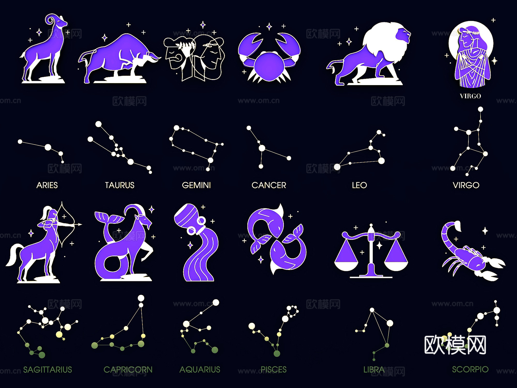 星座星系 星空星星占扑 矢量符号连线墙饰 十二星座星象直线3d模型