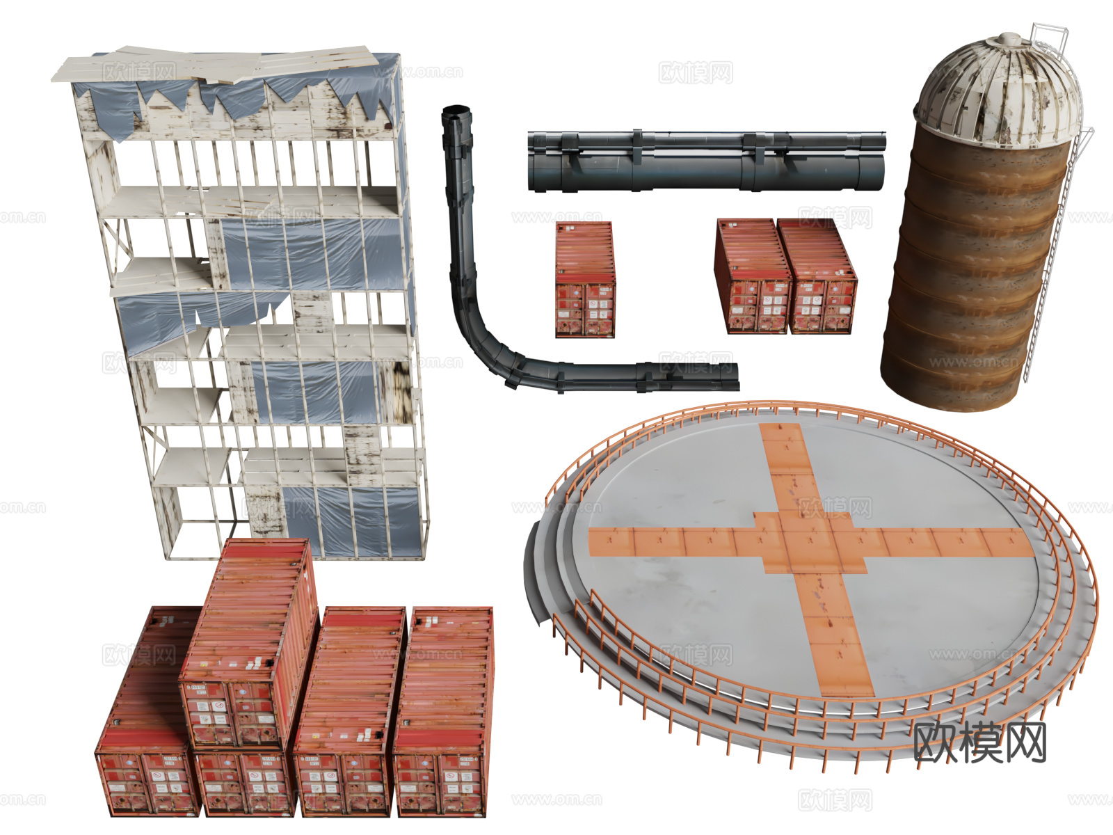 废弃破旧 建筑资产 停机坪 废弃集装箱  废弃建筑3d模型