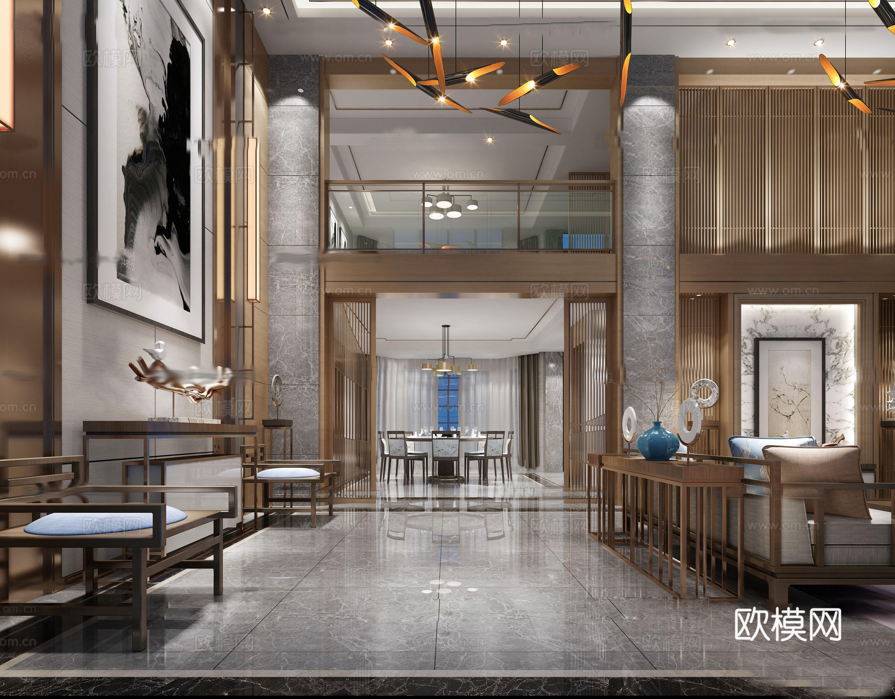 新中式别墅客餐厅 沙发 吊灯 挂画3d模型
