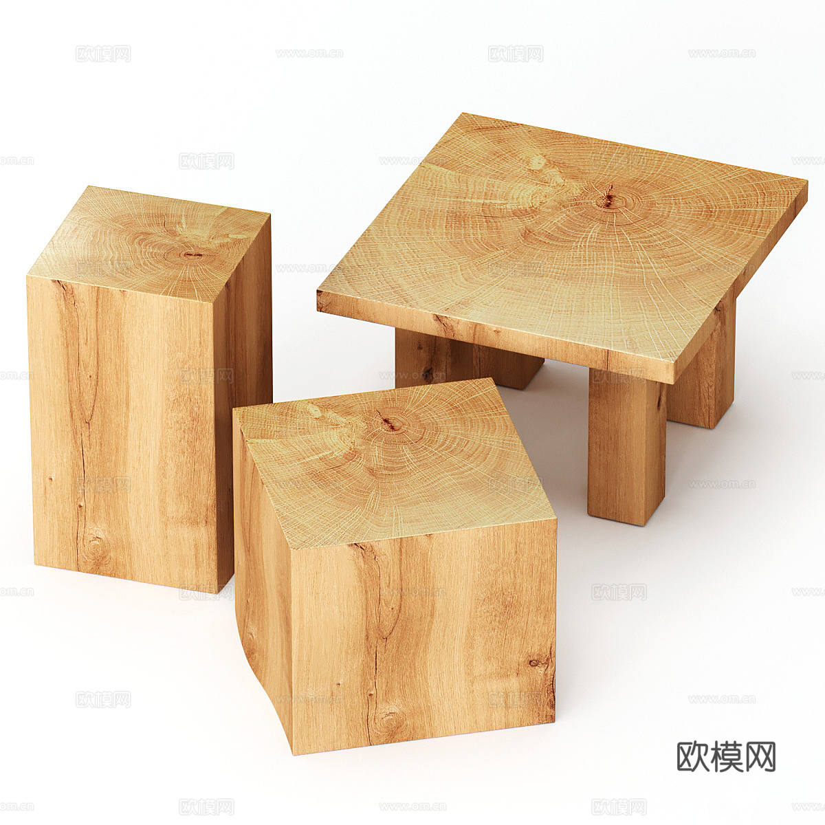 新中式原木风实木茶几 木凳3d模型