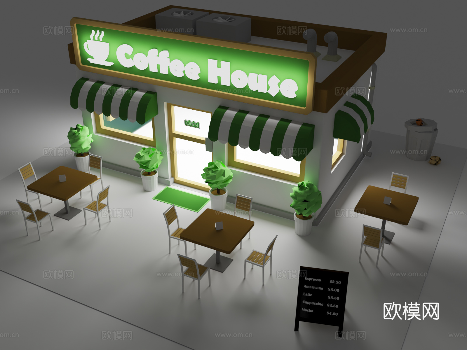 卡通咖啡馆  咖啡屋 咖啡馆小场景 Low Poly3d模型