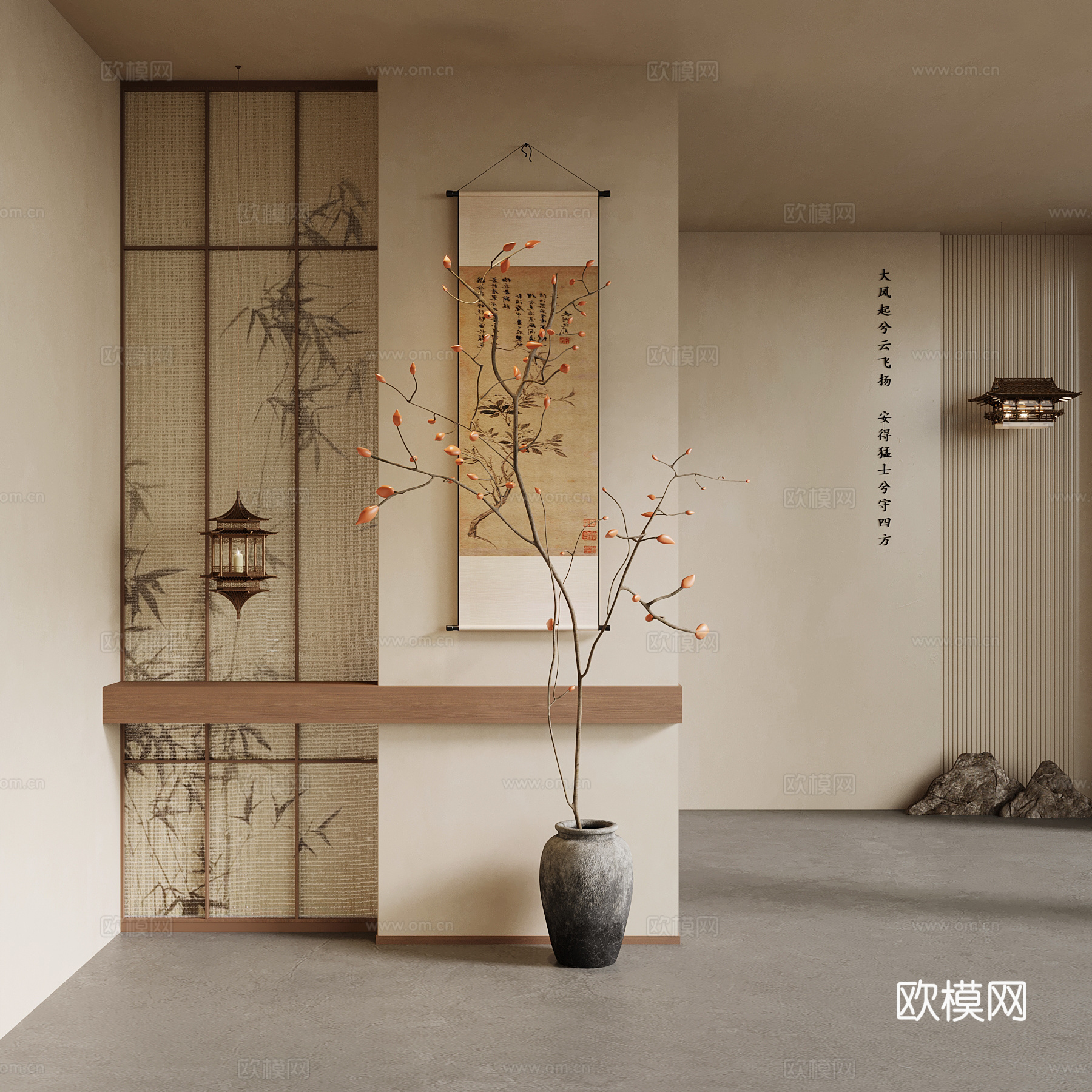 中古风茶室 茶桌椅 茶具 背景墙3d模型