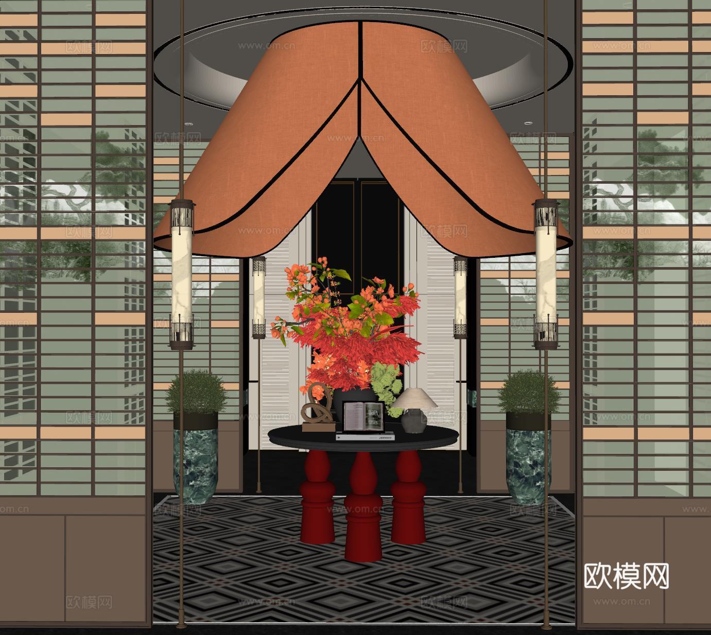 现代大厅 酒店大厅 会所大厅 花艺摆台组合 屏风隔断su模型