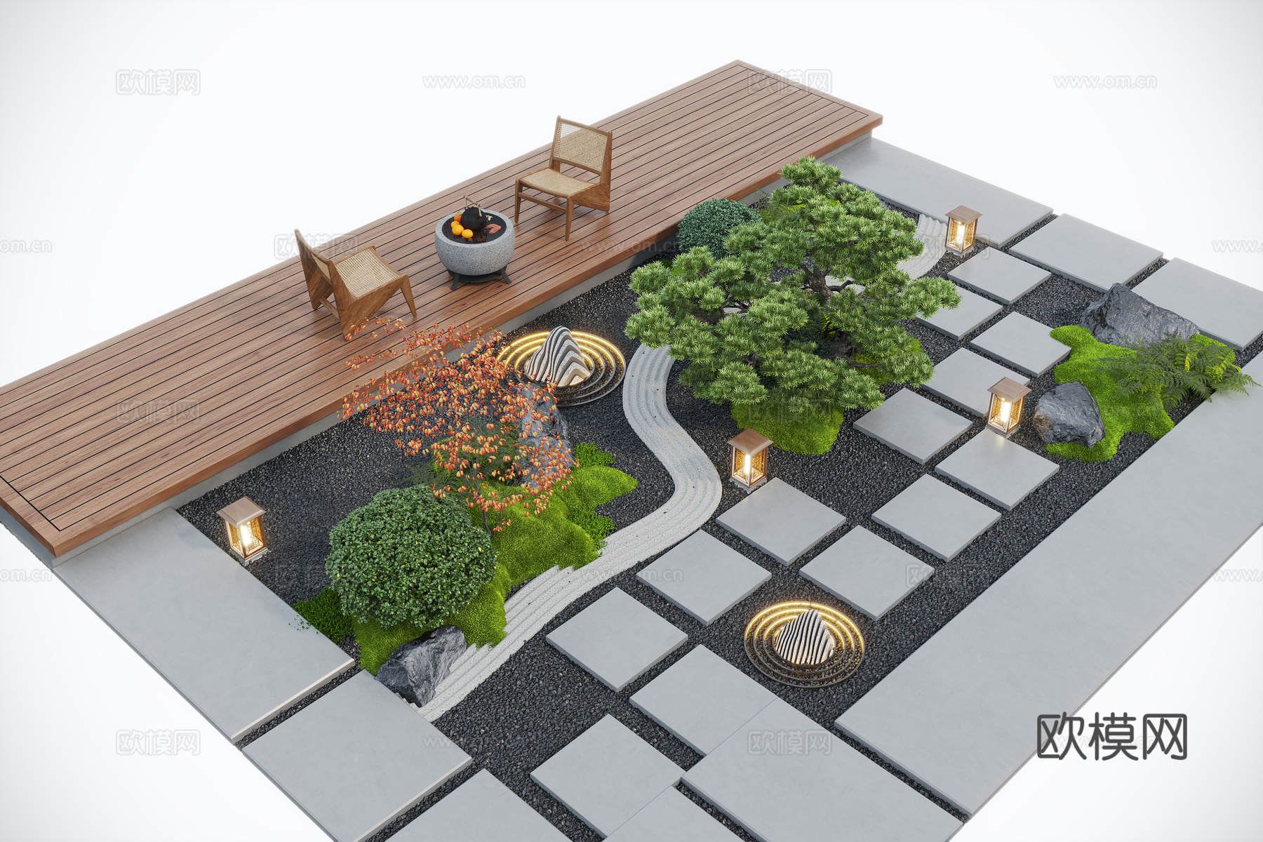 新中式庭院景观 景观小品 户外休闲椅 枯山水 苔藓景观3d模型