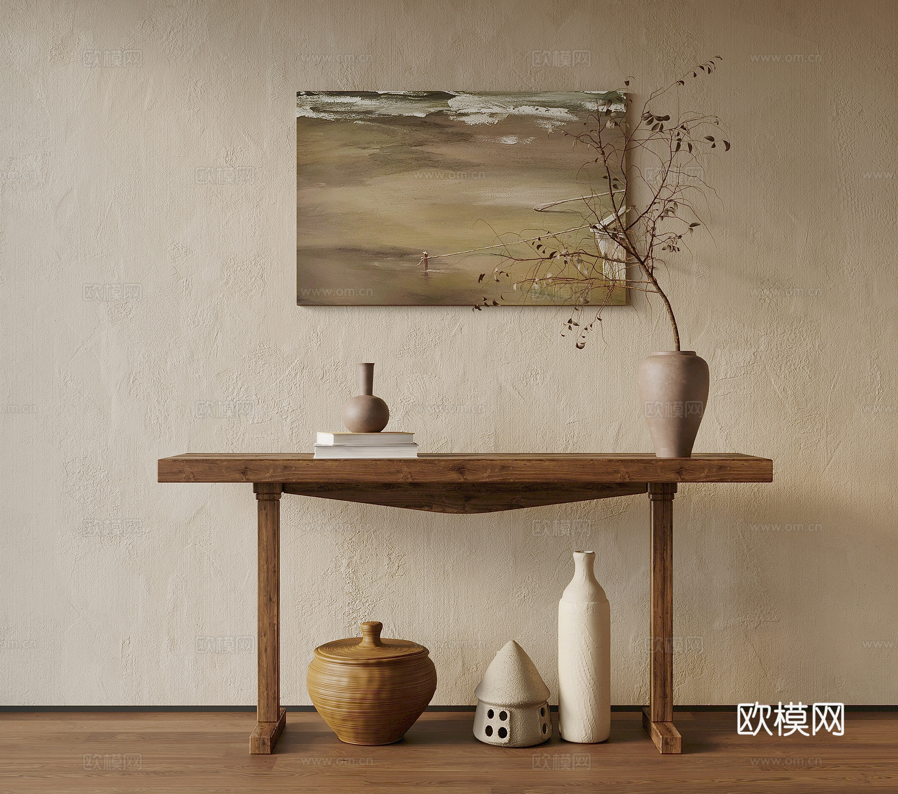端景条案 诧寂风端景条案 干枝盆景 装饰画3d模型