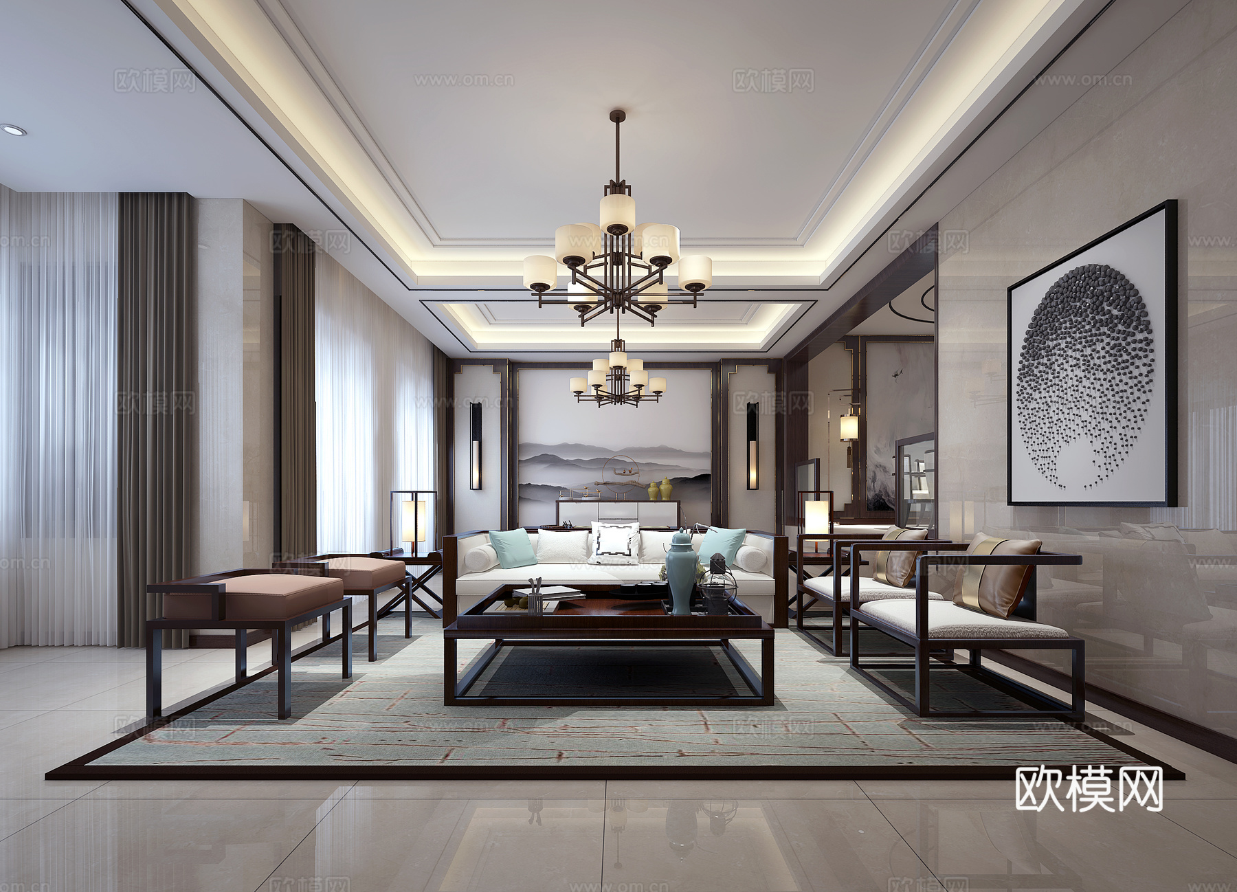 新中式客厅 沙发 茶几 吊灯 壁灯 台灯 装饰画 地毯3d模型
