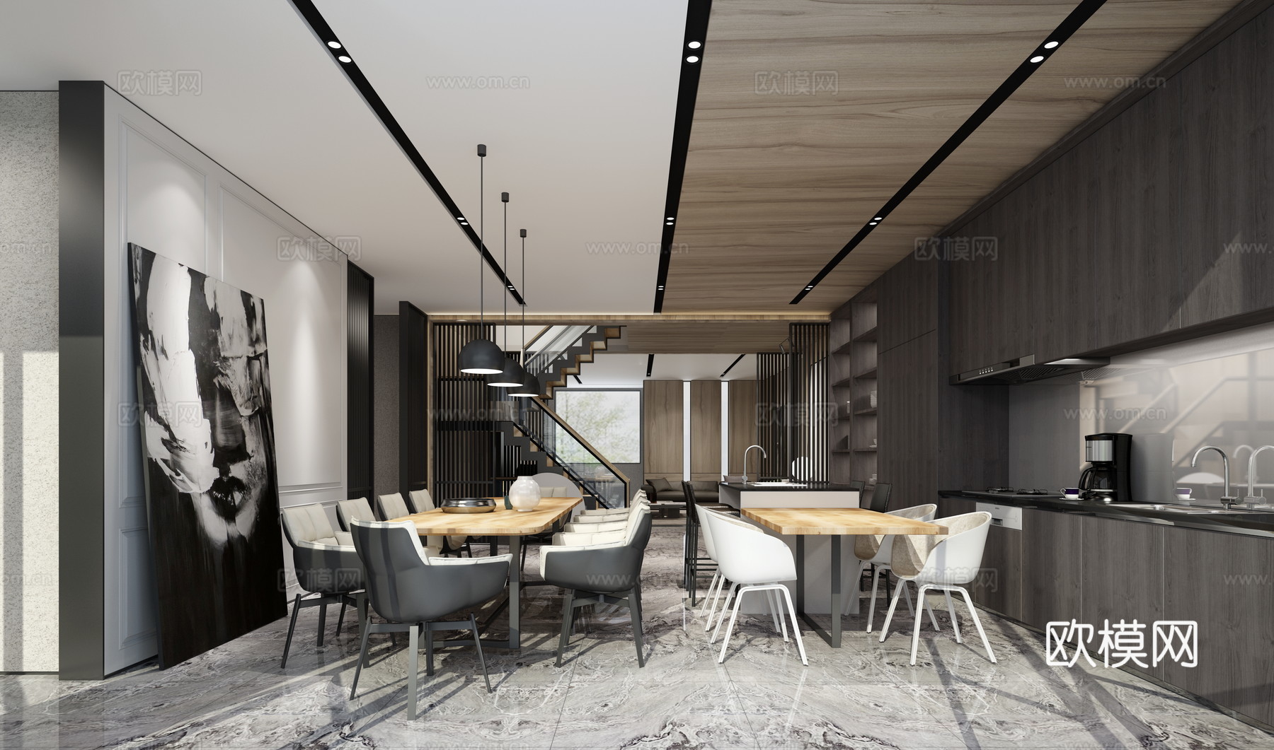 现代餐厅带厨房 餐桌椅二组 吧台 厨柜 厨电 吊灯 装饰画3d模型下载（渲染图2）