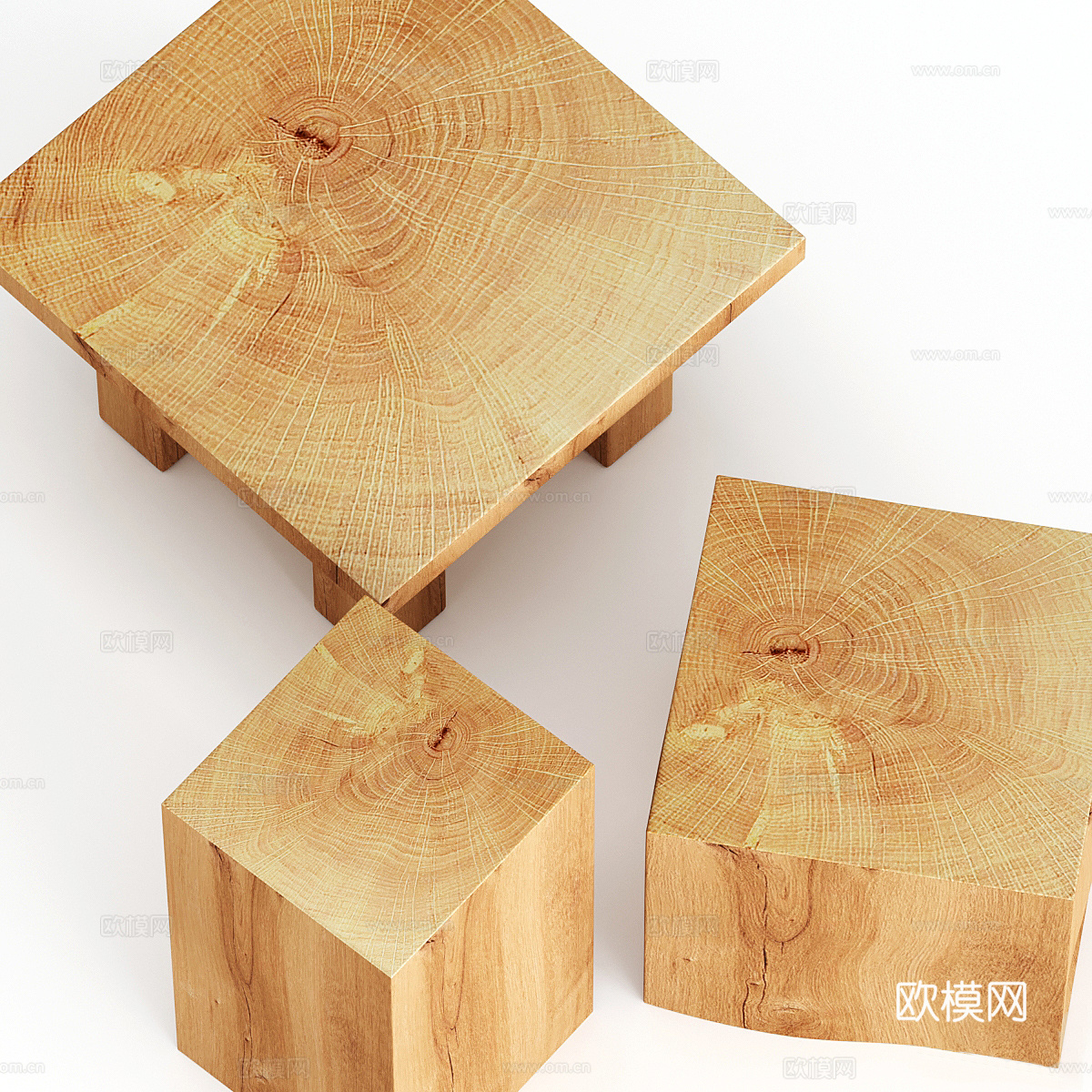新中式原木风实木茶几 木凳3d模型