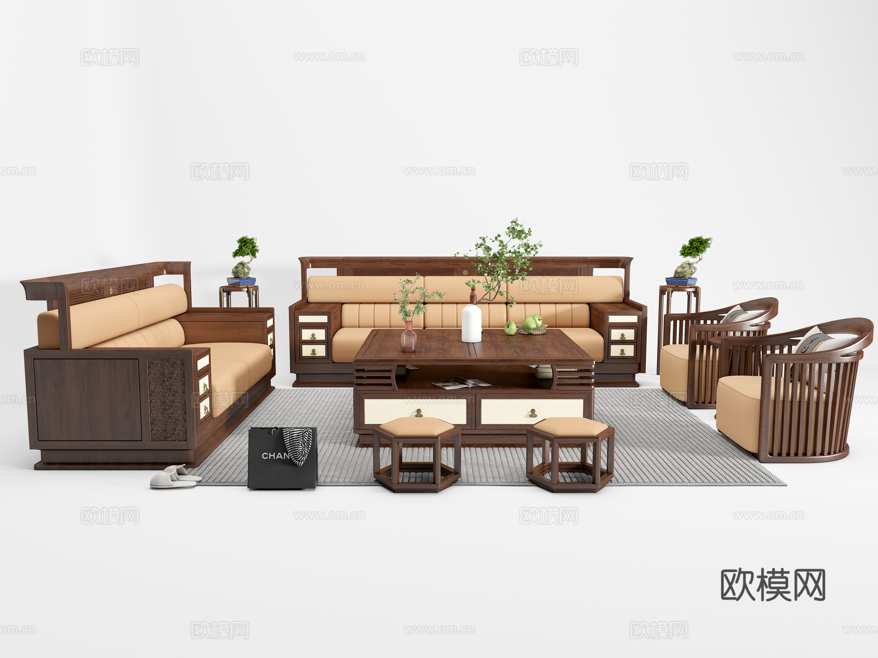 新中式沙发茶几组合 三人沙发 二人沙发 圈椅茶几 小凳子3d模型