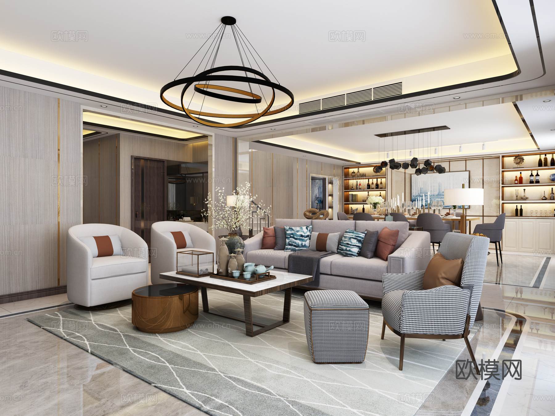 现代轻奢客餐厅 大理石酒柜 楼梯3d模型