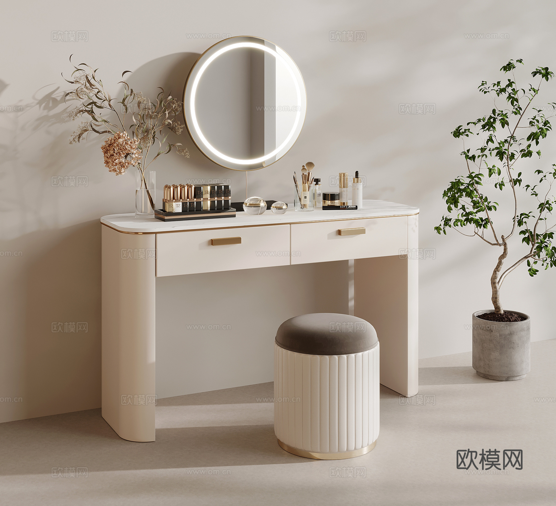 现代梳妆台 梳妆凳 化妆镜 化妆品3d模型