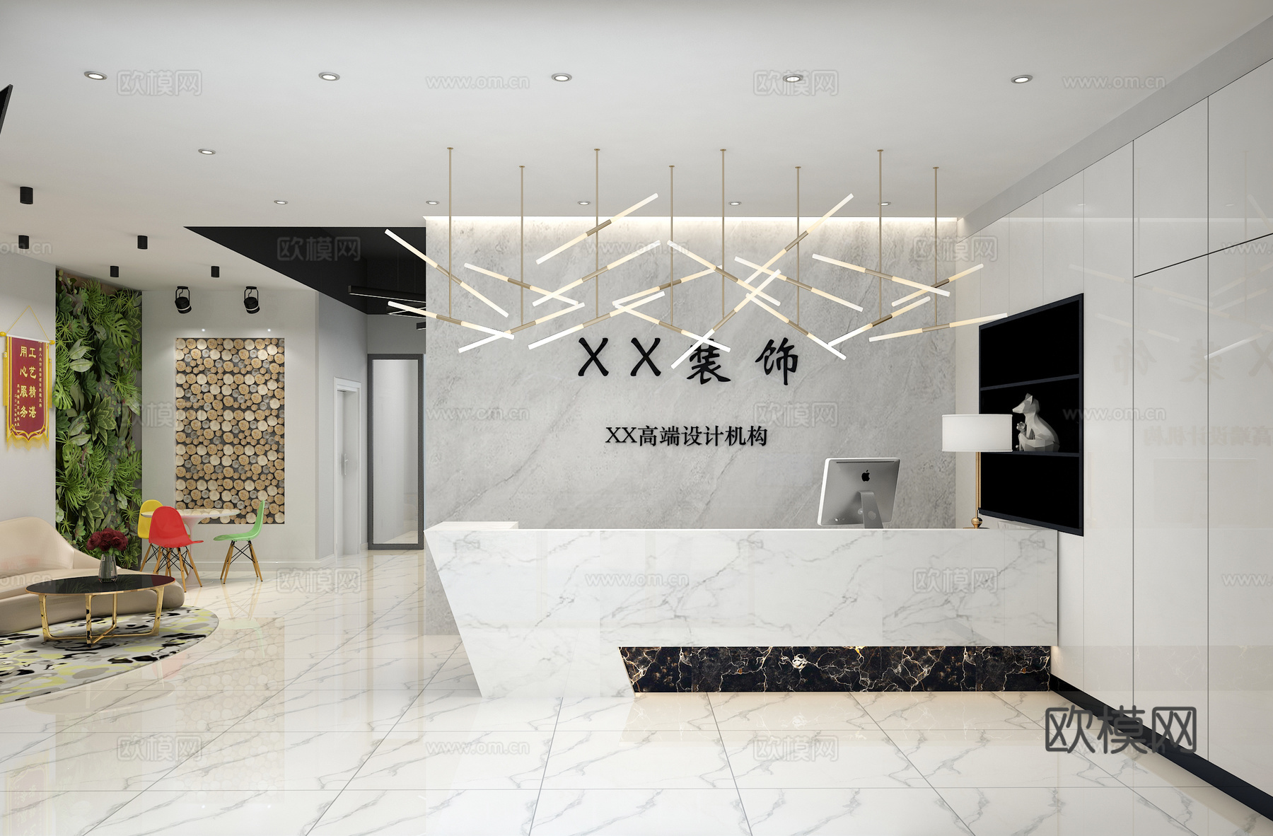 现代装饰公司  前台  绿植墙  吊灯  储物柜3d模型