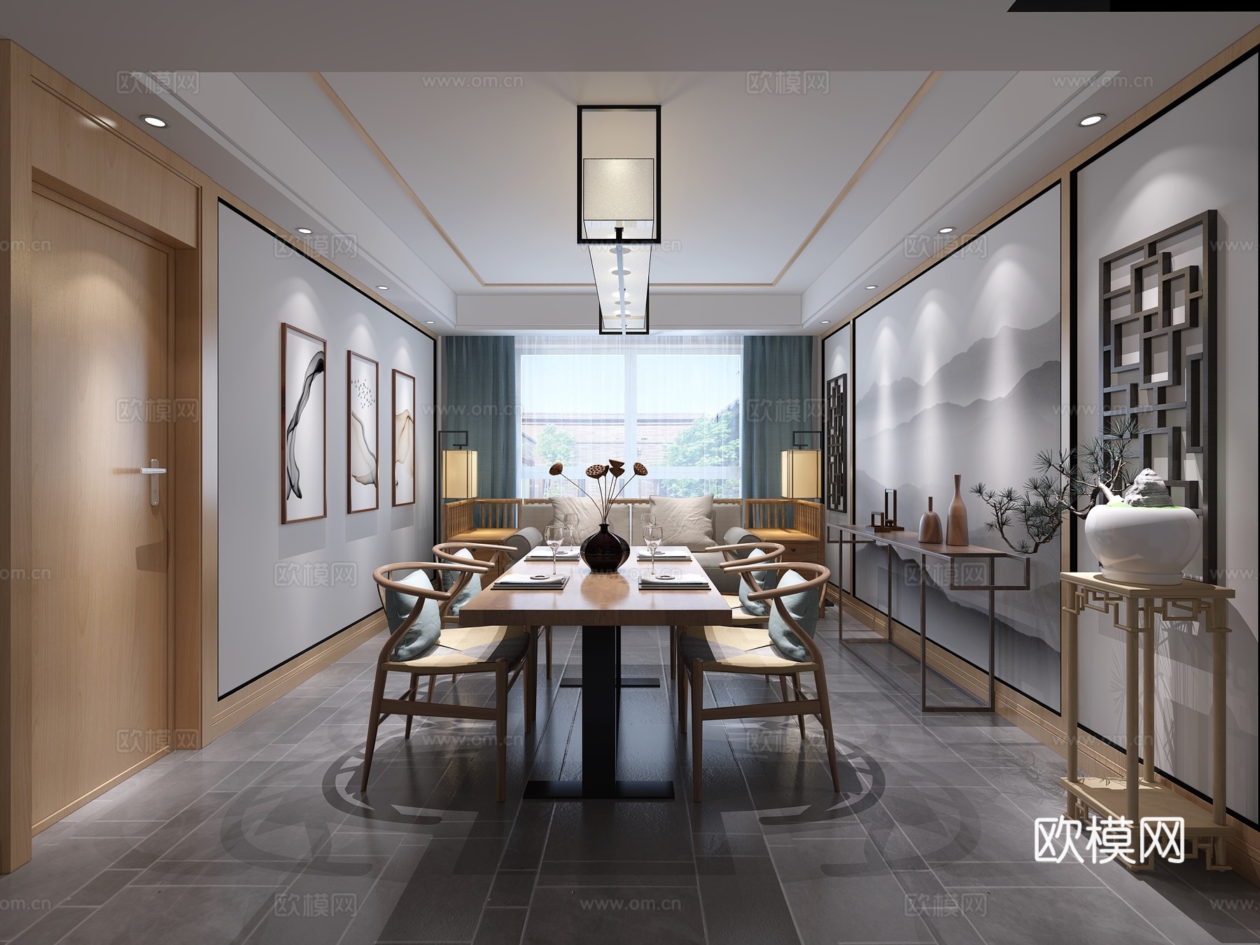 新中式餐厅 沙发 吊灯 挂画3d模型