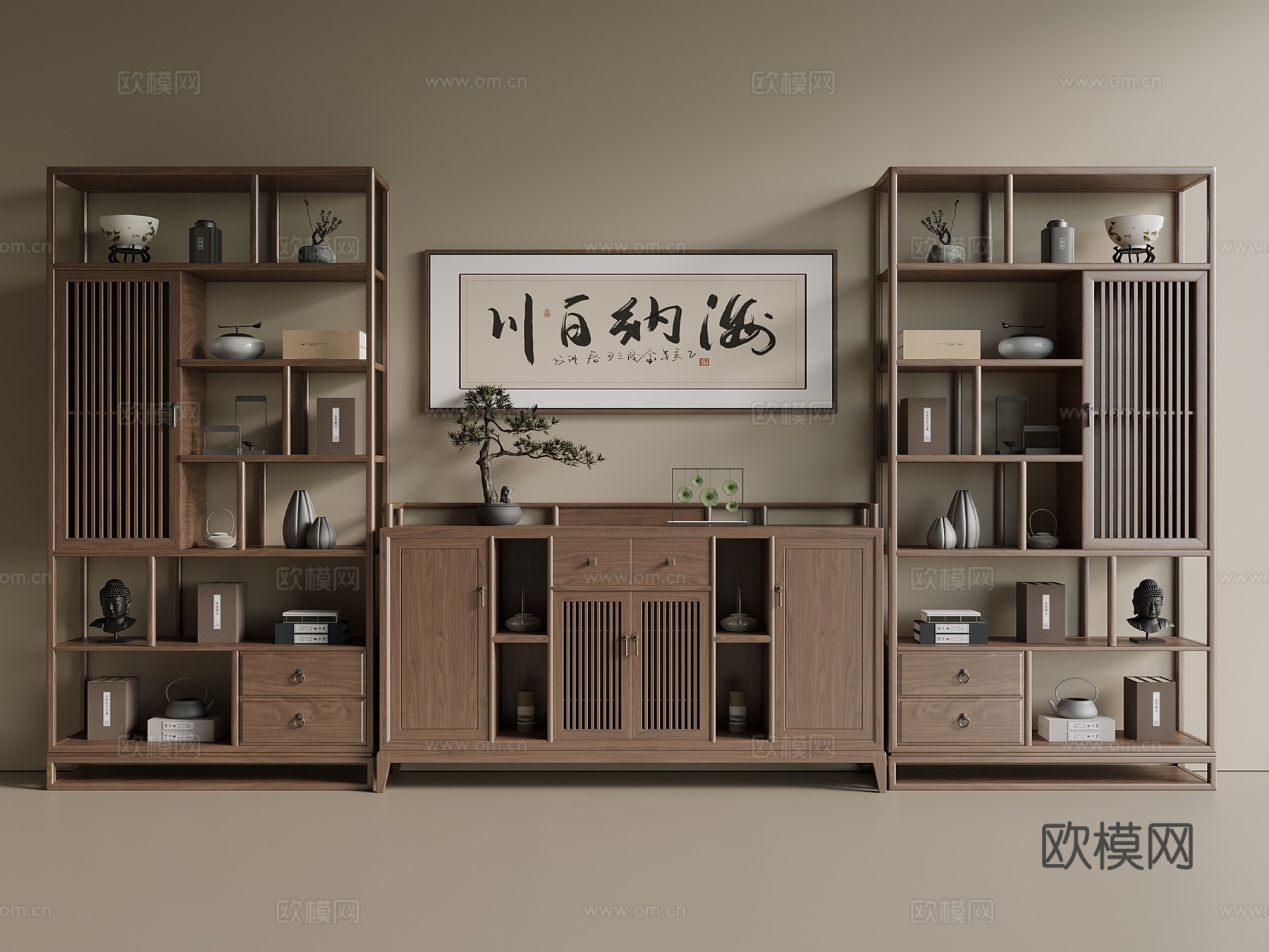 新中式 中古 茶柜 茶柜 博古架 置物柜 边柜 矮柜su模型