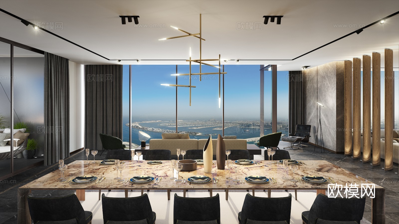 现代餐厅海景房客厅3d模型