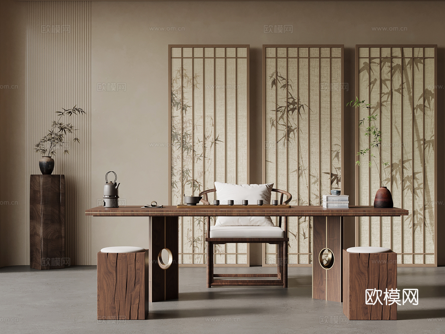 新中式茶室 茶桌椅 屏风隔断su模型