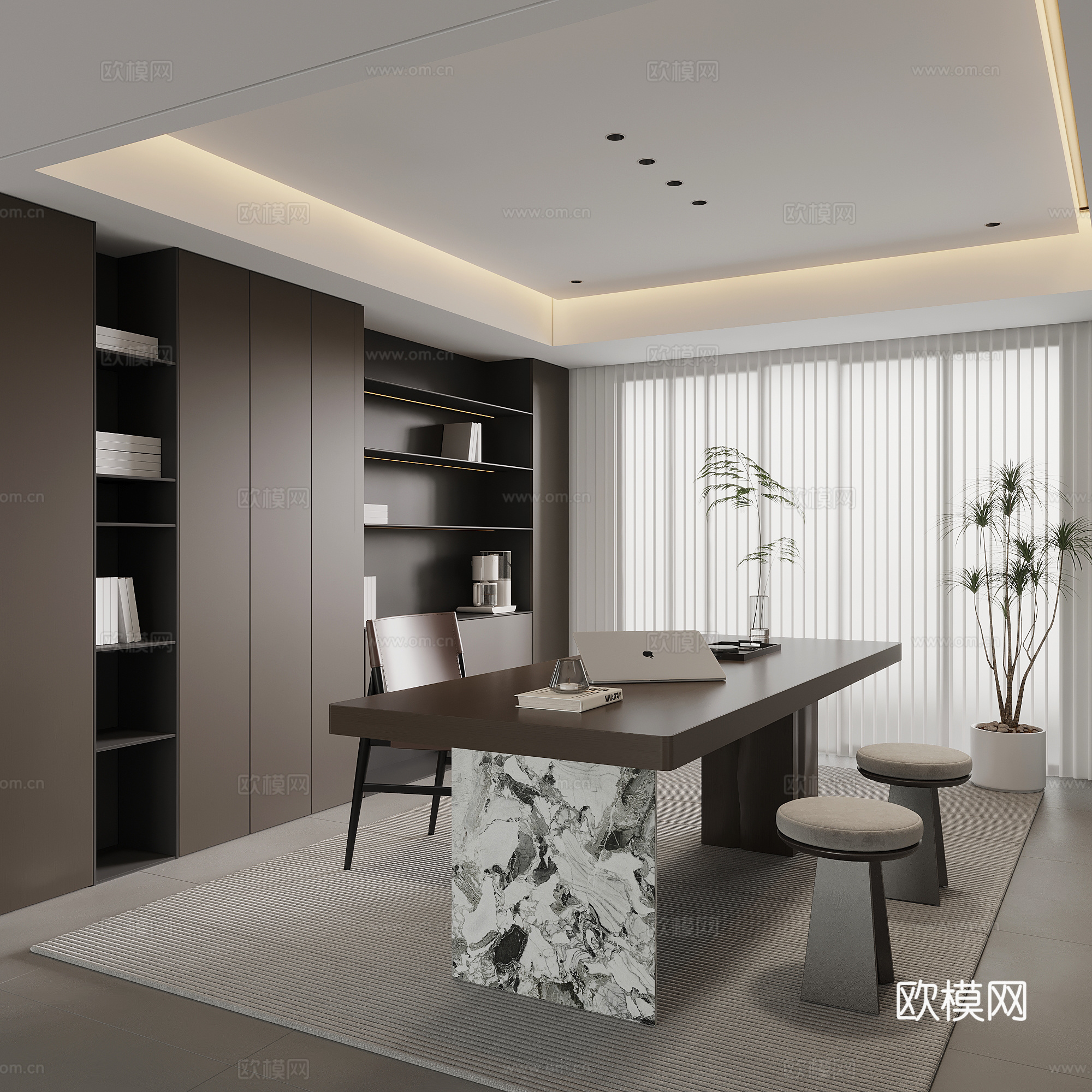 意式极简书房 书柜 书桌椅3d模型