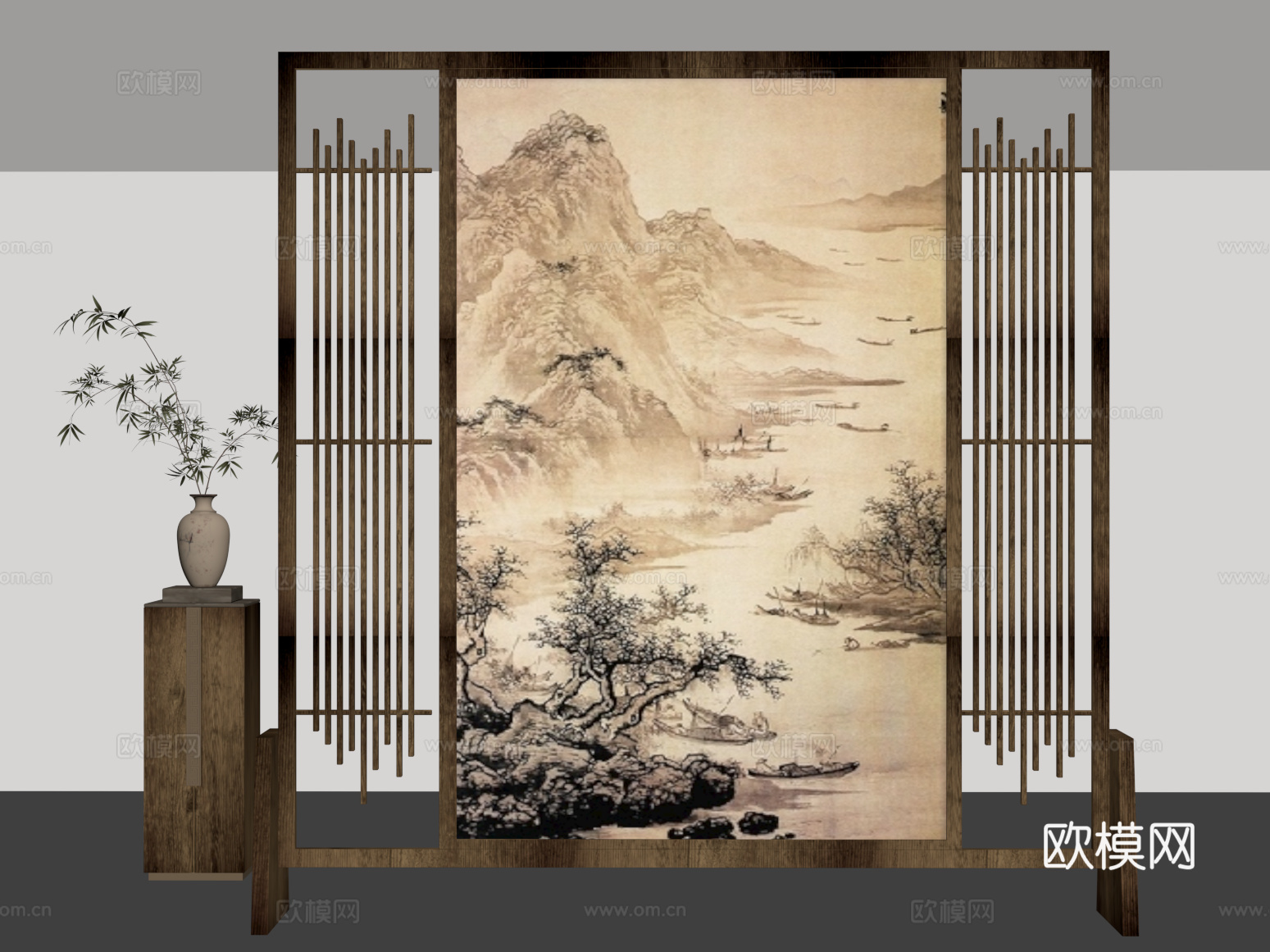 新中式侘寂屏风隔断 花瓶su模型