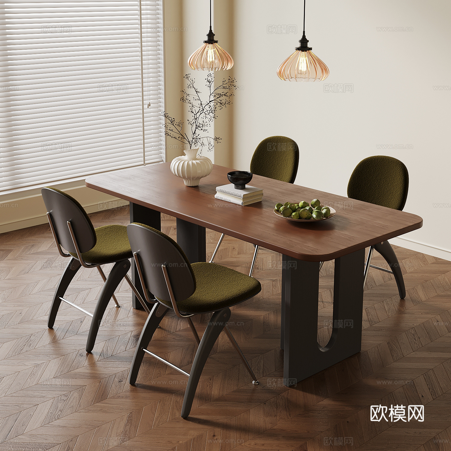 法式餐桌 餐桌椅 小吊灯3d模型