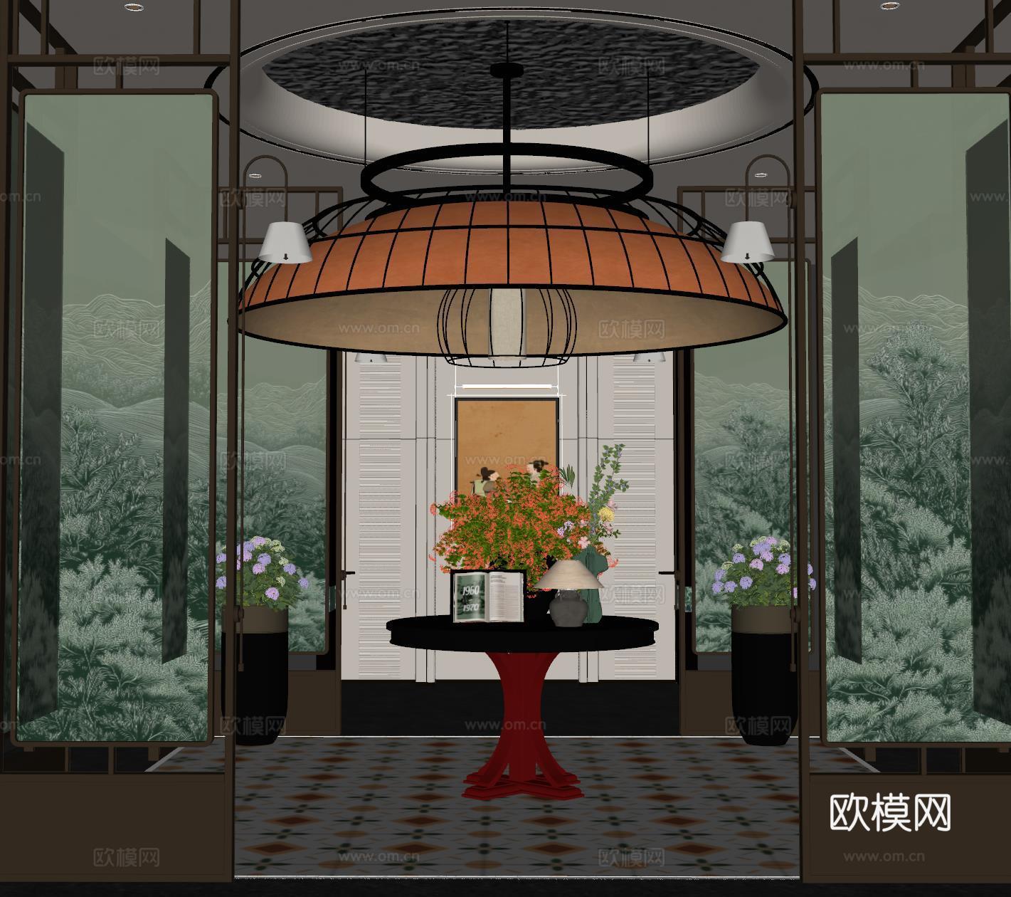 现代大厅 酒店大厅 会所大厅 花艺摆台组合 屏风隔断su模型