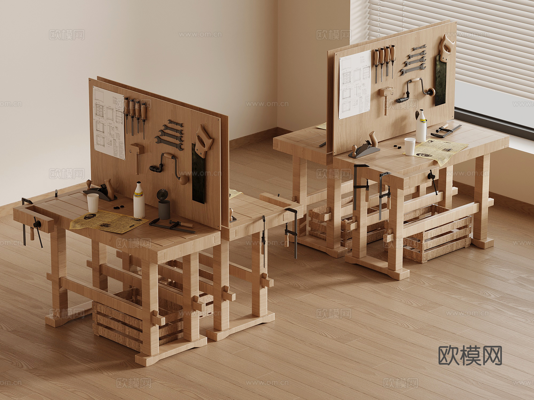 16工作台 现代 手工坊桌椅su模型