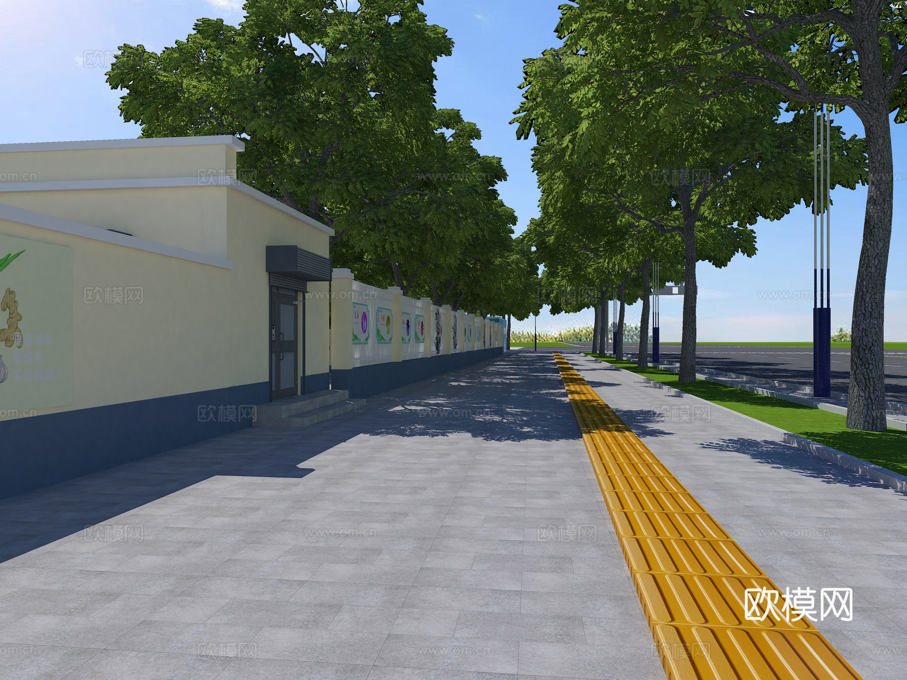 护栏 宣传栏 树 路灯 行道树3d模型