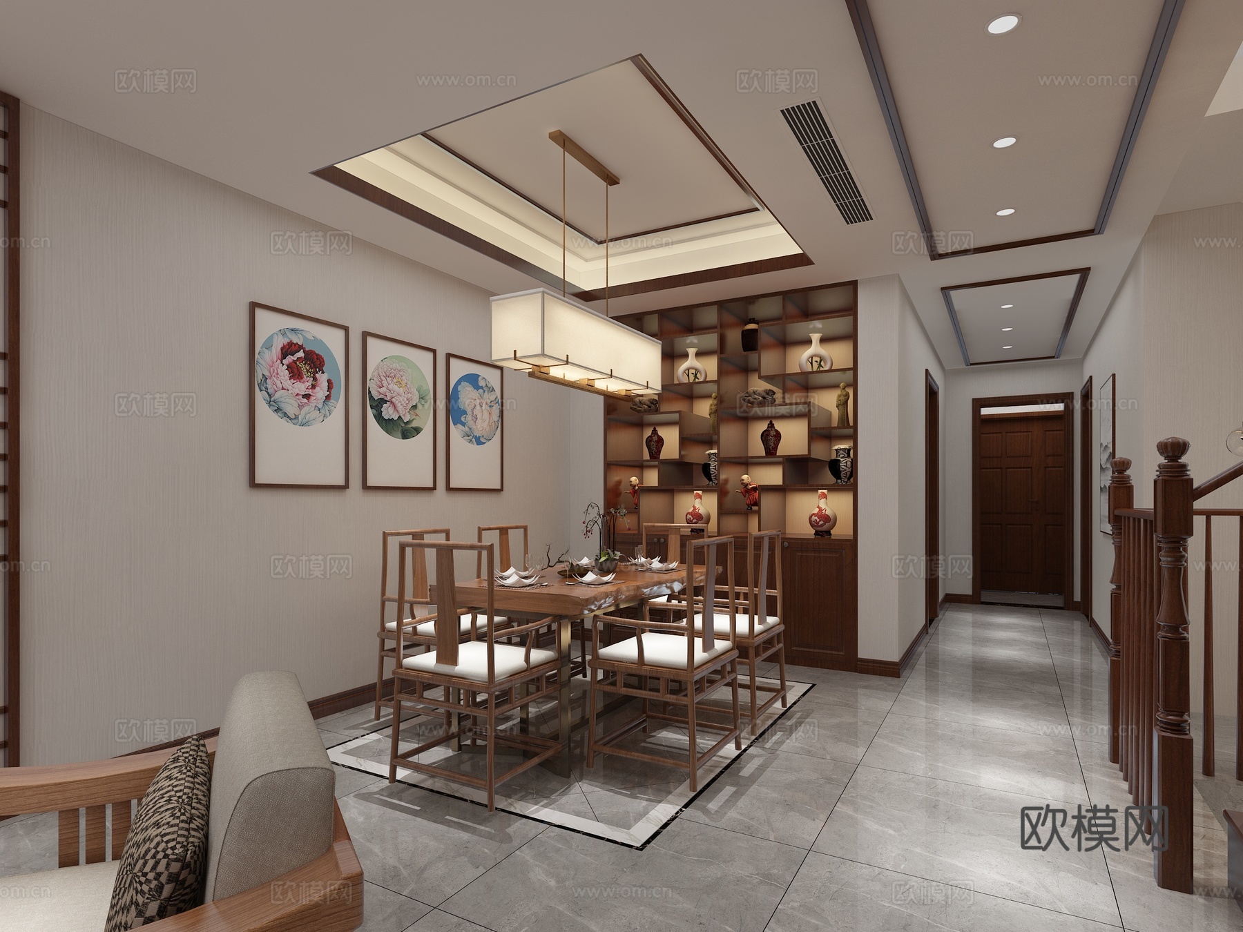 新中式客厅  沙发 装饰画 吊灯装饰品 植物 电视柜 餐3d模型