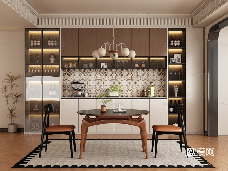現(xiàn)代中古風(fēng)餐廳 餐桌椅3d模型下載