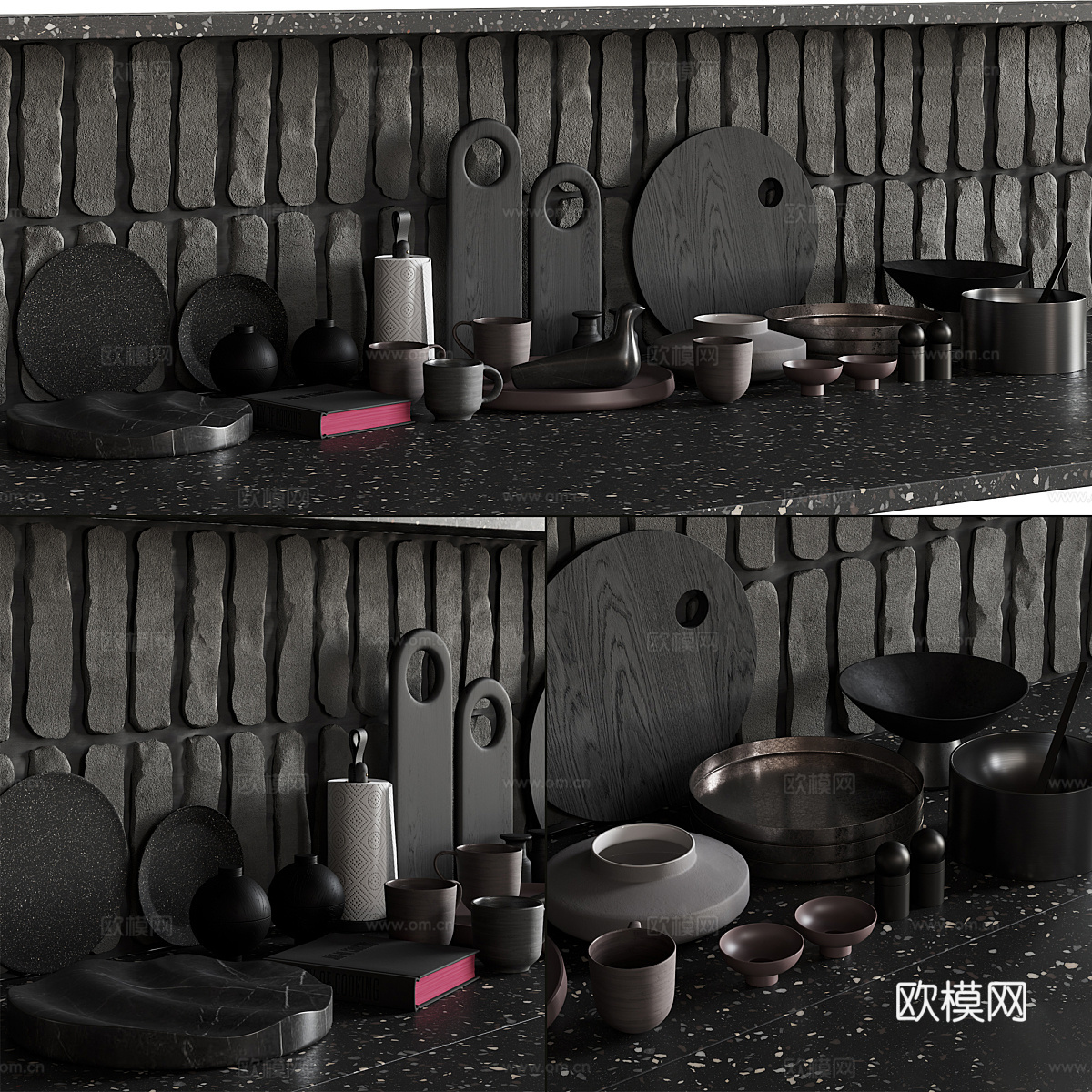 现代意式暗黑风厨房用品3d模型