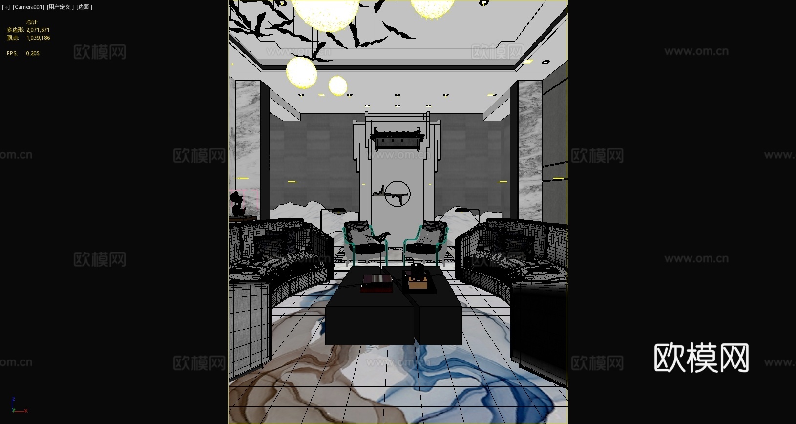 新中式客厅中式会客厅茶几沙发单人椅屋檐飞鸟灯3d模型