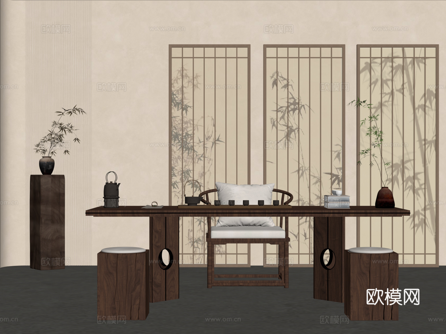 新中式茶室 茶桌椅 屏风隔断su模型