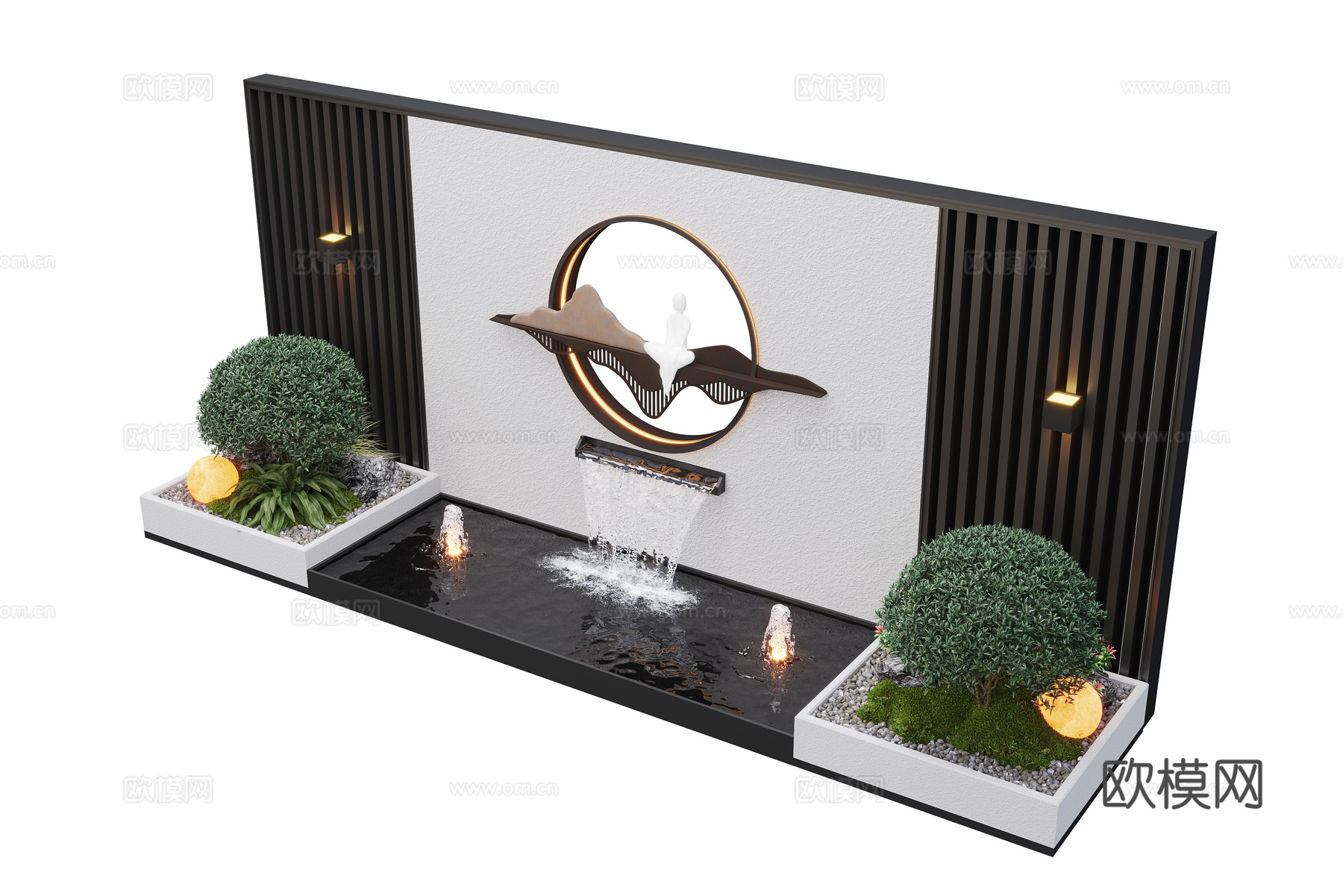 新中式庭院水景墙 景观墙 流水 鱼池3d模型