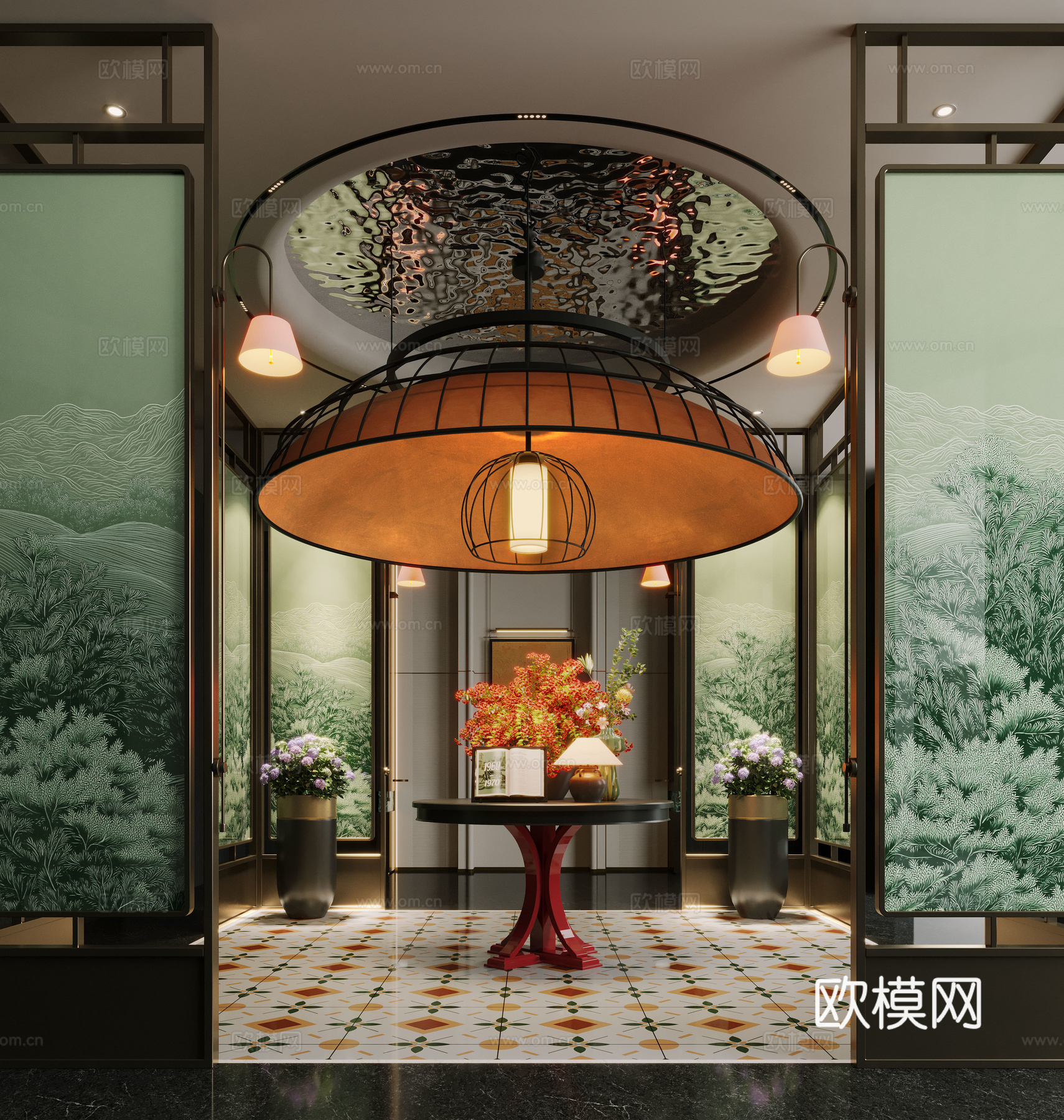 现代大厅 酒店大厅 会所大厅 花艺摆台组合 屏风隔断su模型