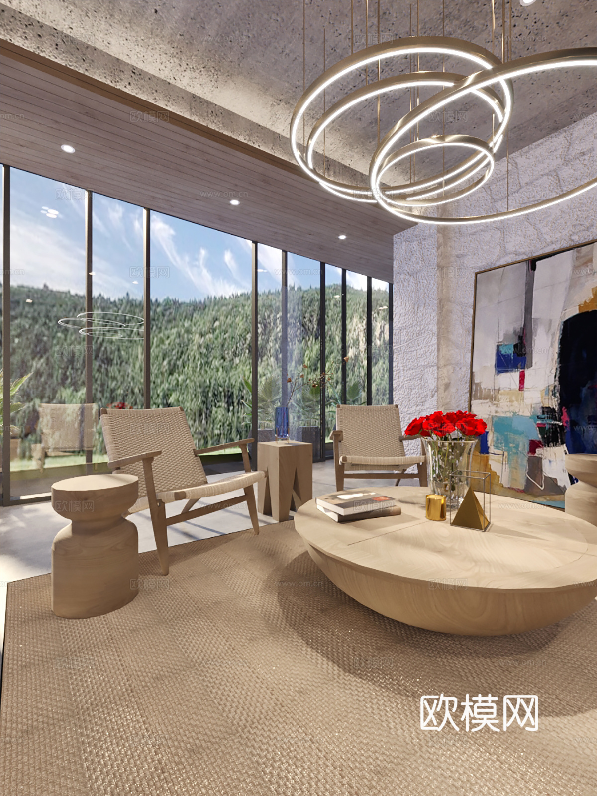 新中式吊灯 沙发 茶几 地毯 装饰画 画 植物 花 书3d模型