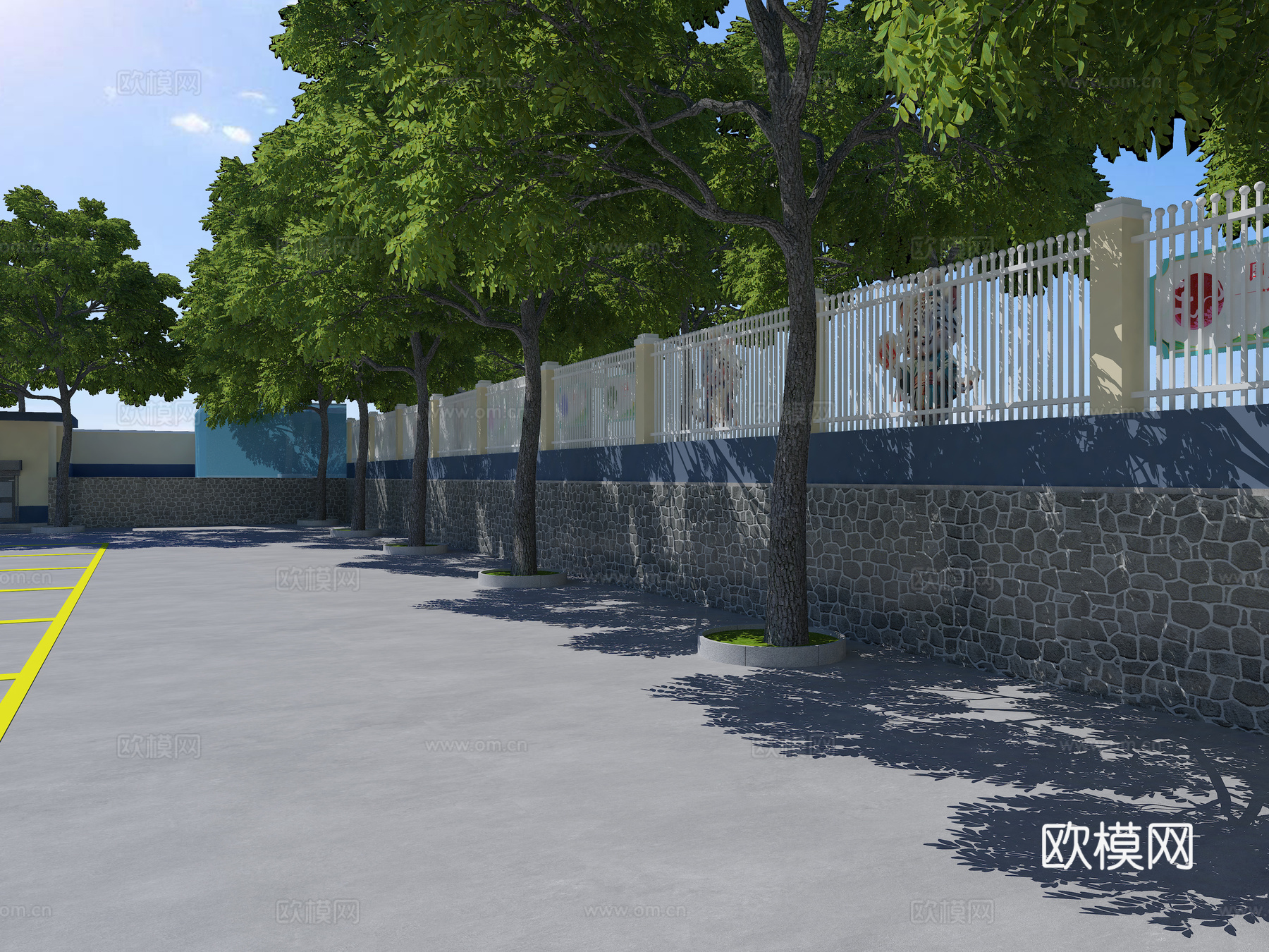 护栏 宣传栏 树 路灯 行道树3d模型