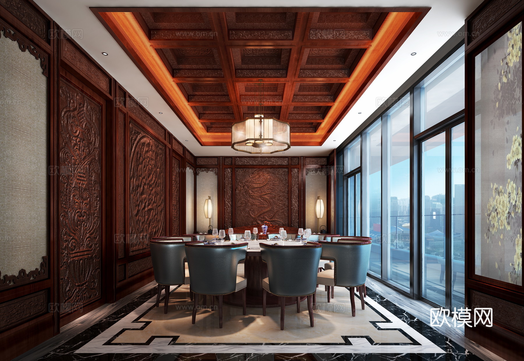 中式餐厅 吊灯 挂画 酒柜 餐桌椅3d模型