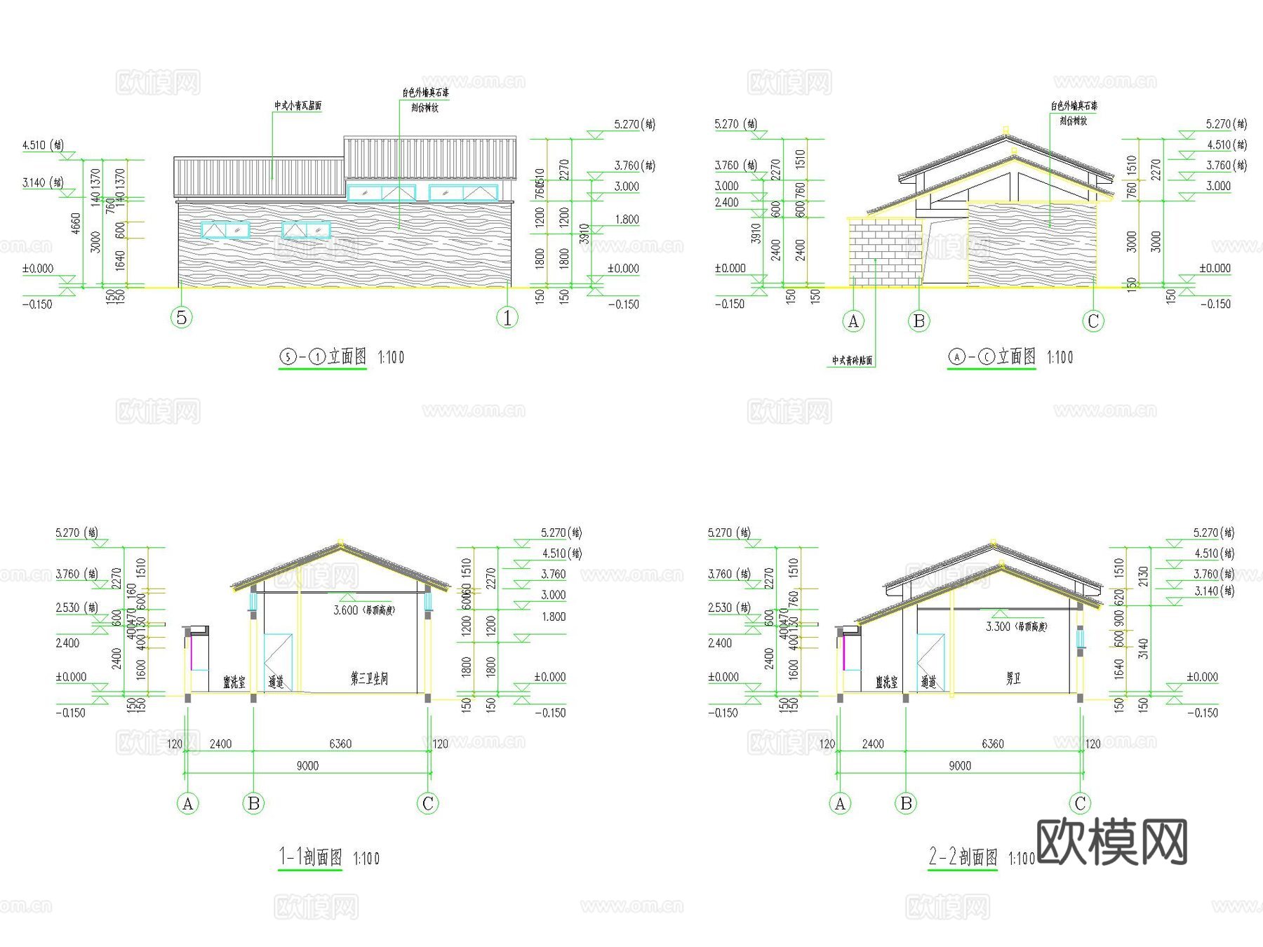 景区标准一类I类 卫生间 公厕 建筑结构水电装修暖通全套施工cad施工图