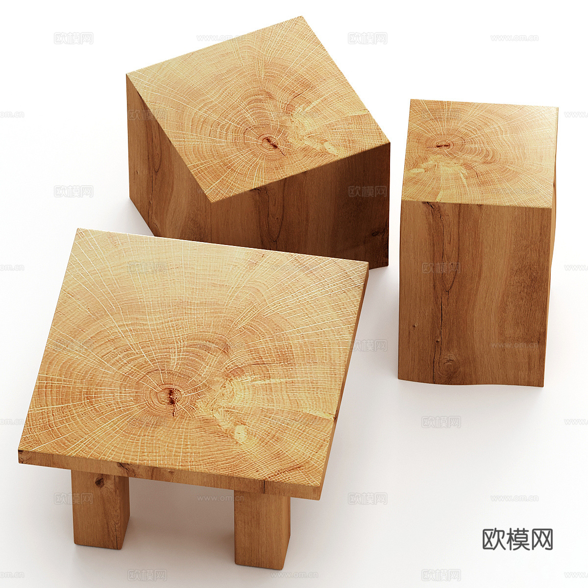 新中式原木风实木茶几 木凳3d模型