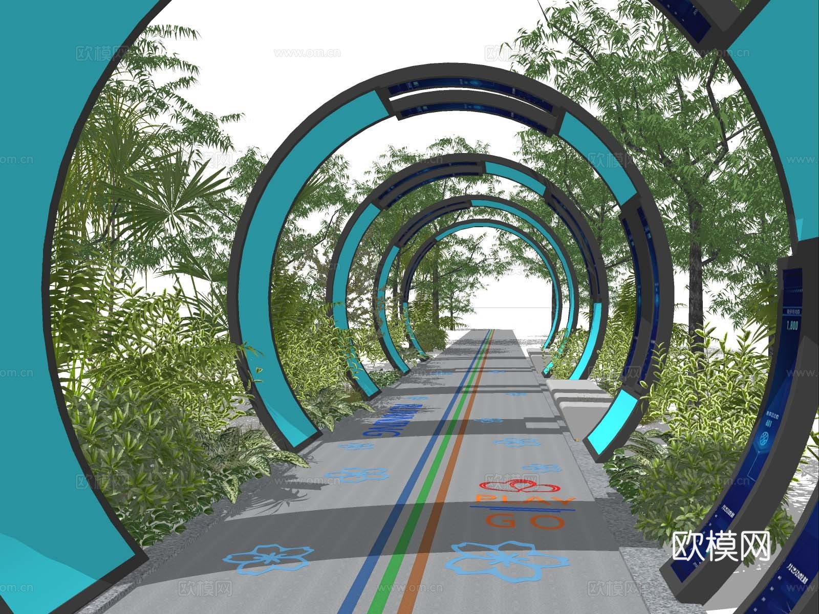 现代绿道构筑 现代廊架 科技廊架 时空隧道 网红打卡su模型