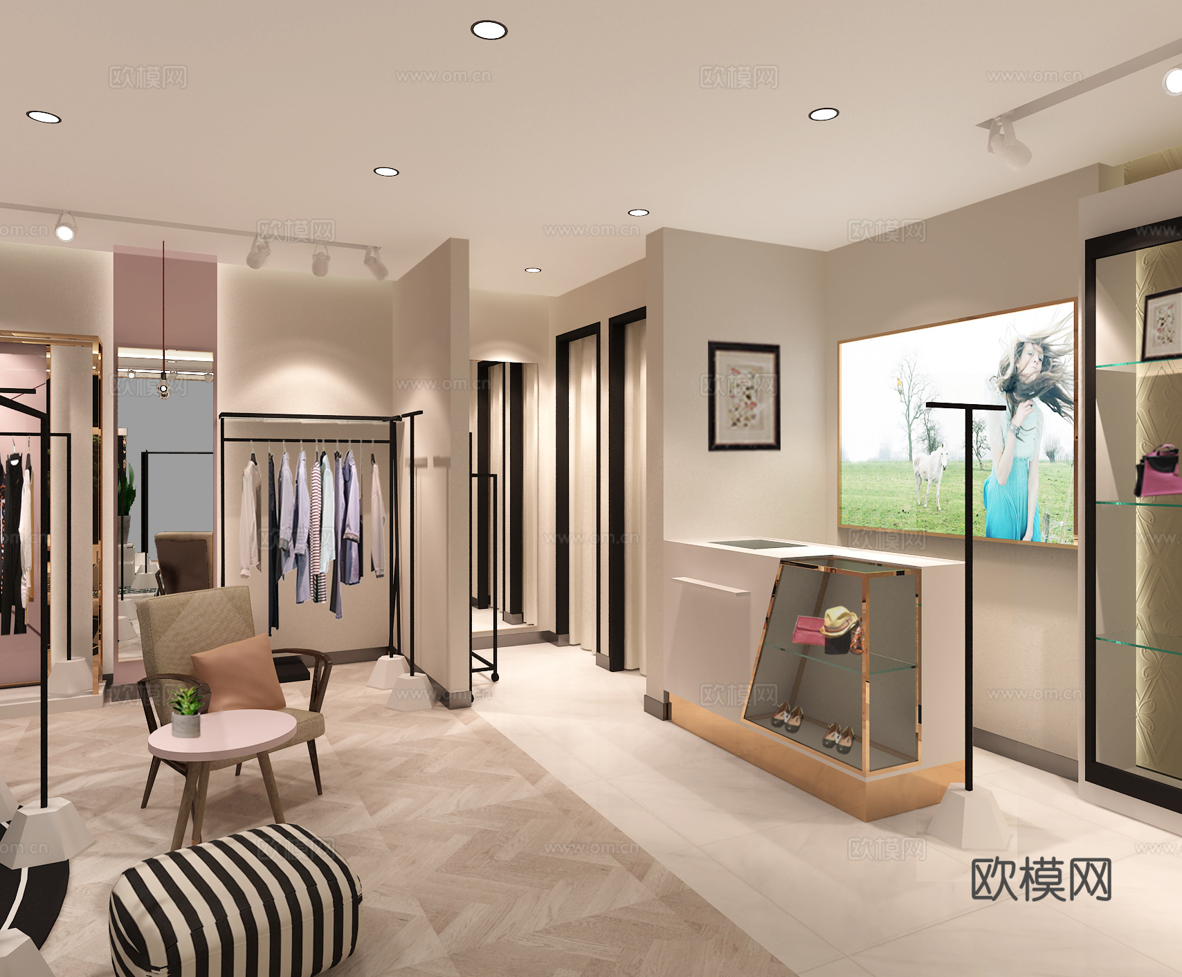 现代粉色调服装店3d模型
