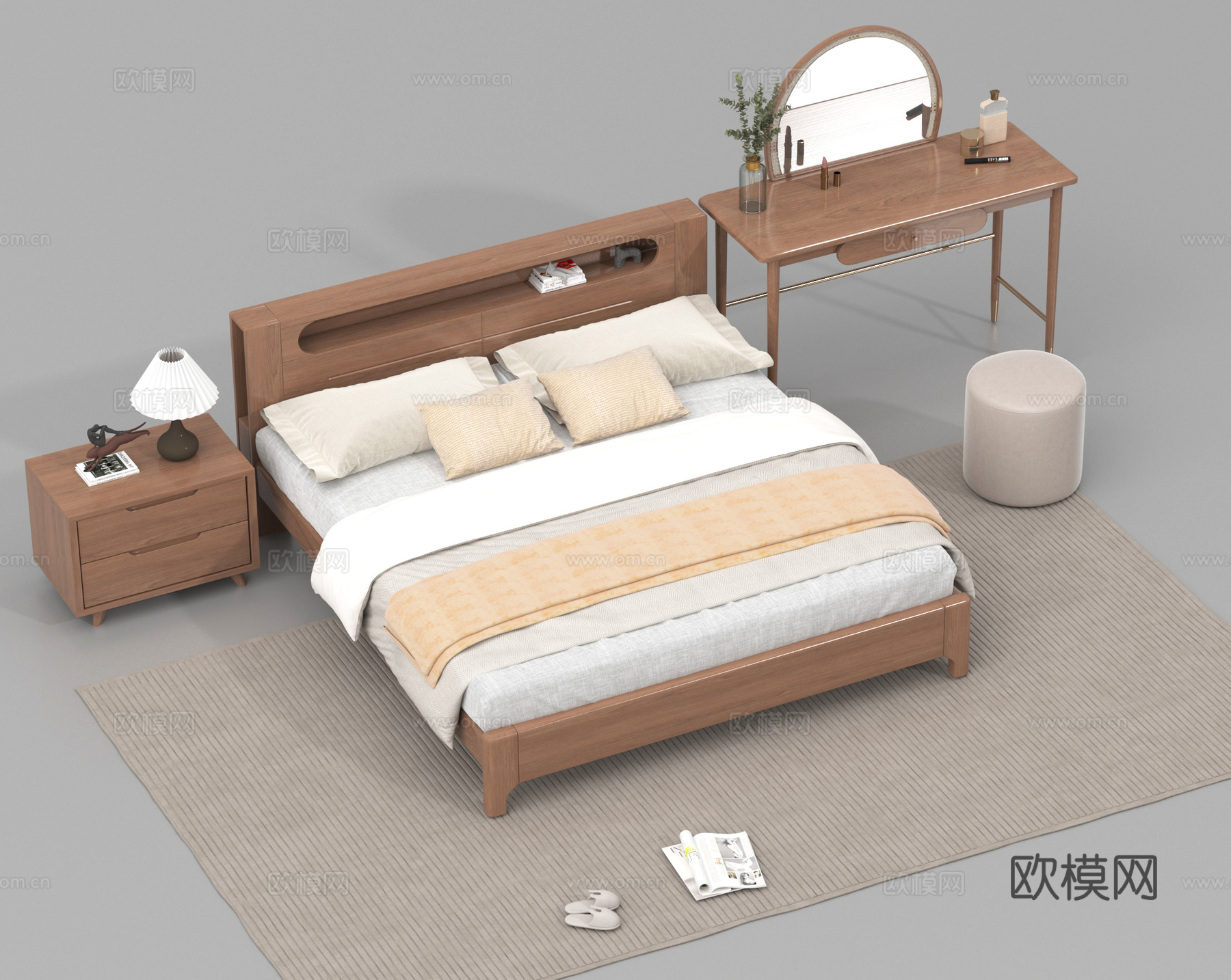双人床 床品 床头柜 梳妆台3d模型