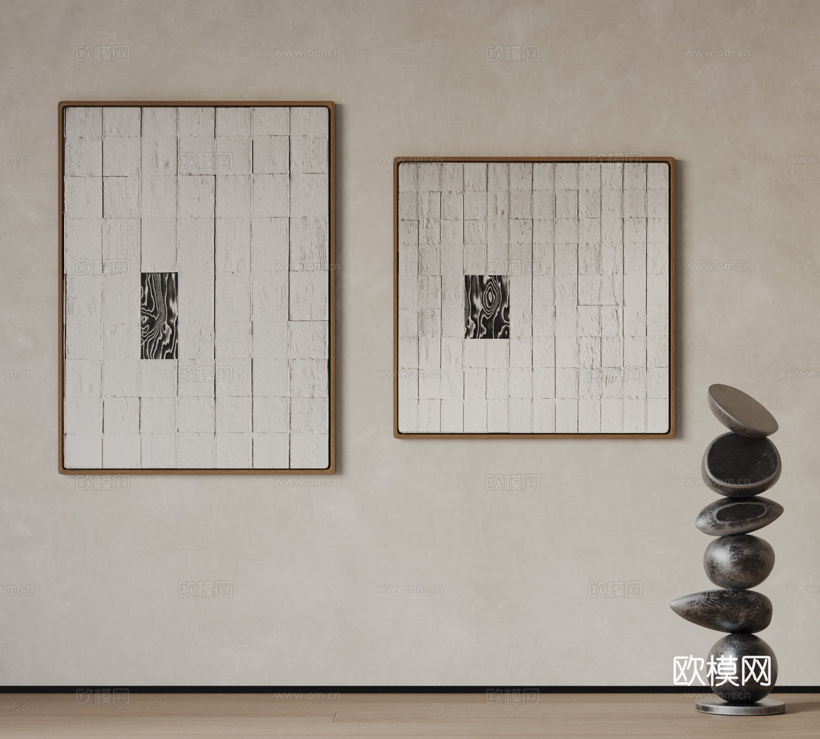 现代挂画组合 侘寂风装饰画 雕塑 黑白挂画 肌理画3d模型