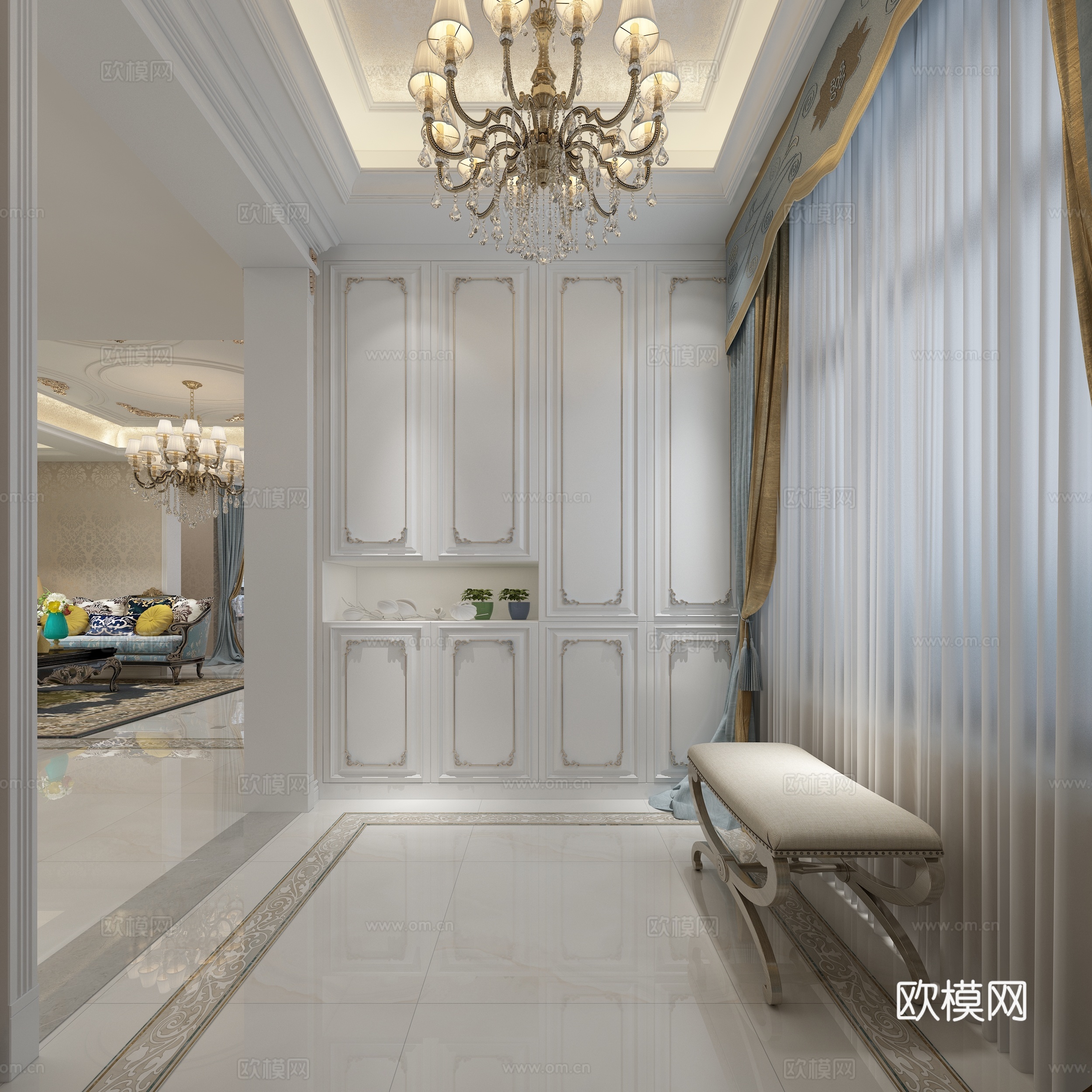 简欧客厅  沙发 吊灯 茶几 装饰画 装饰品 电视柜 餐3d模型