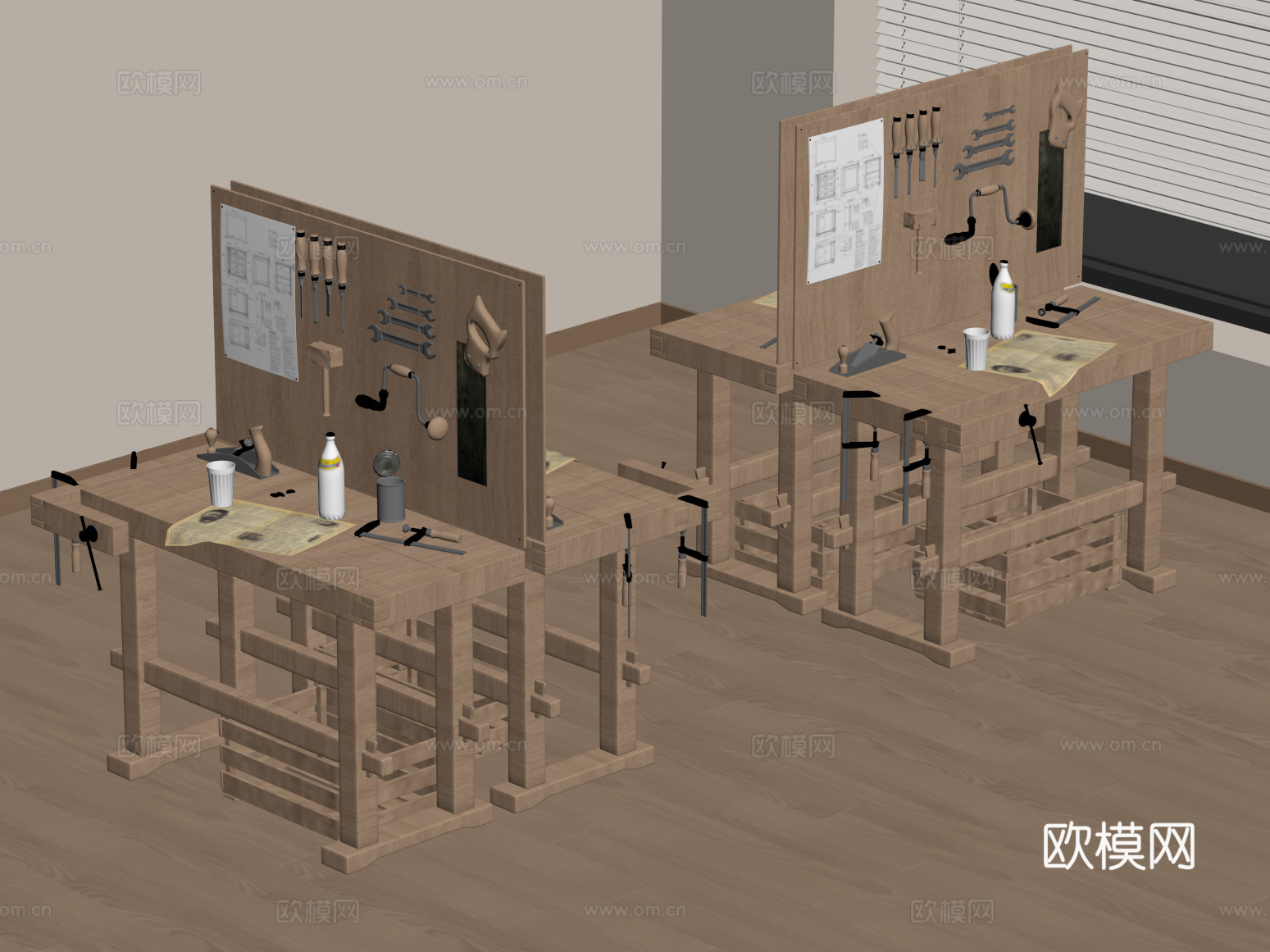 16工作台 现代 手工坊桌椅su模型