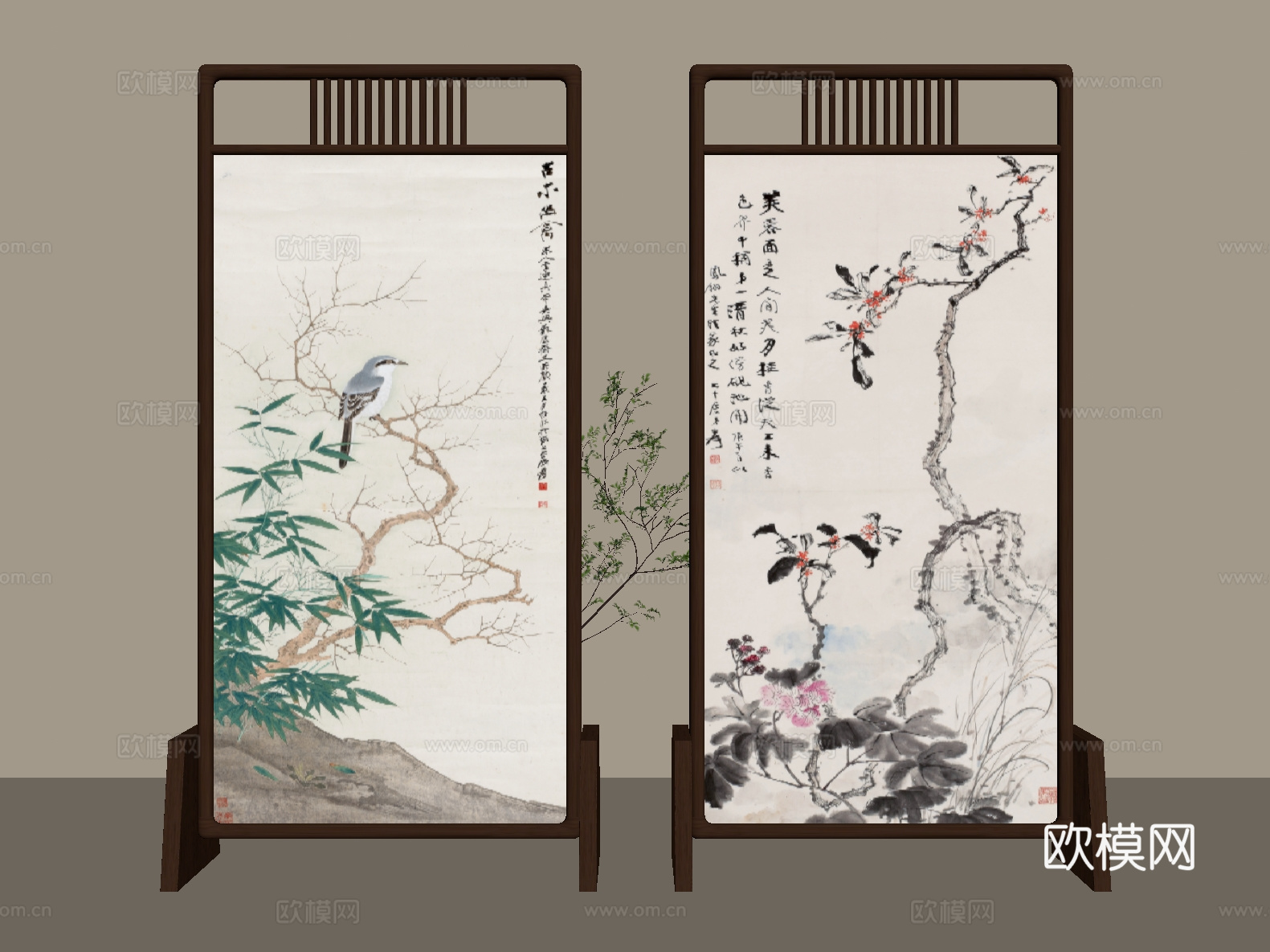 新中式 中古 屏风 木屏风 布艺屏风 隔断su模型
