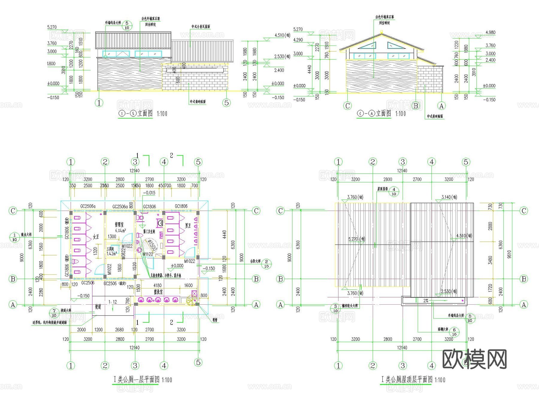 景区标准一类I类 卫生间 公厕 建筑结构水电装修暖通全套施工cad施工图