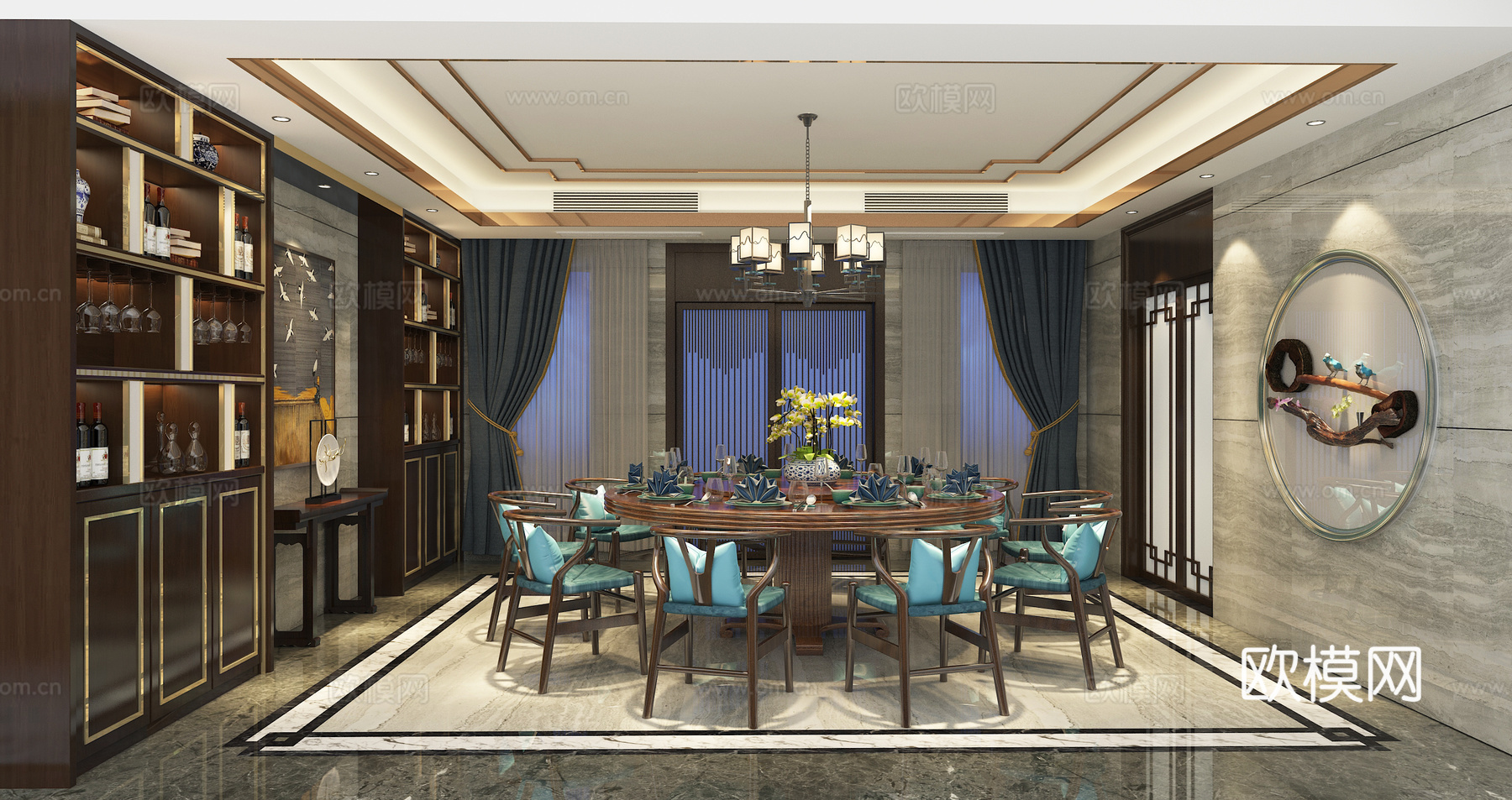 新中式餐厅 吊灯餐桌椅 书柜 壁画3d模型
