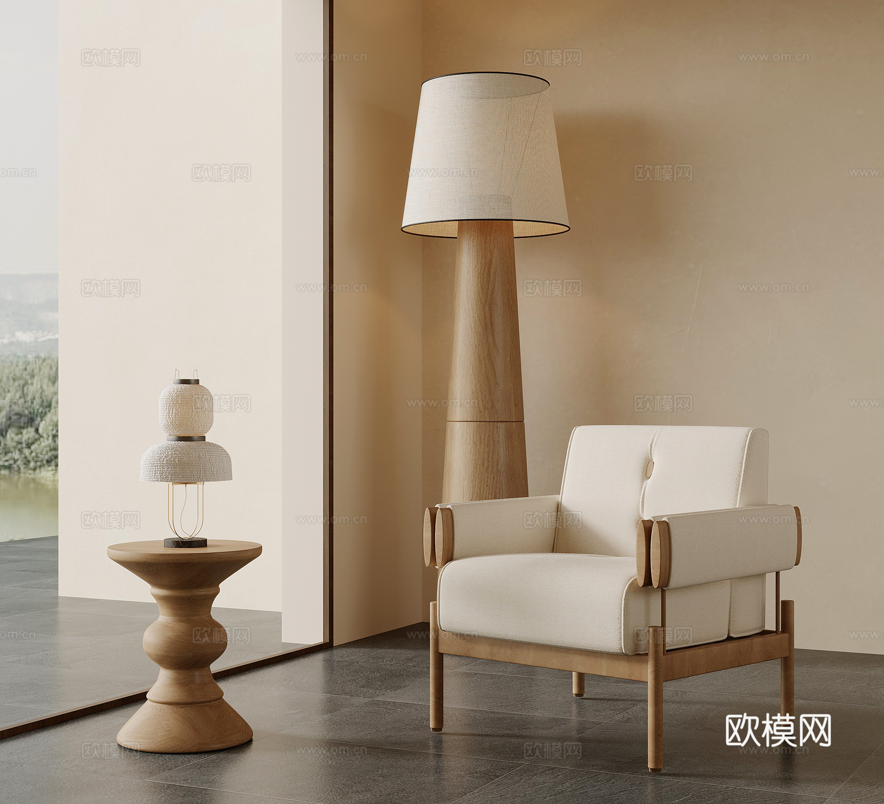 休闲椅 新中式休闲椅 落地灯 边几 饰品摆件3d模型