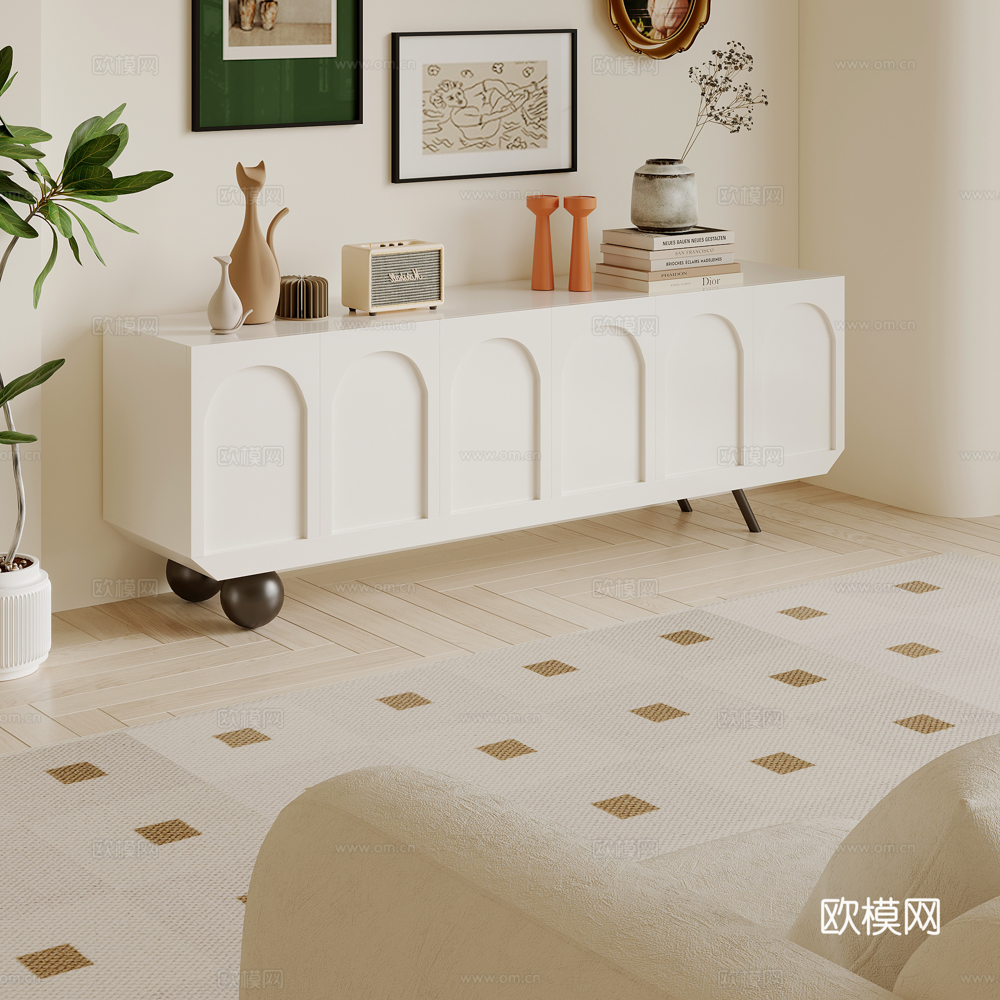 现代奶油风电视柜 饰品摆件3d模型