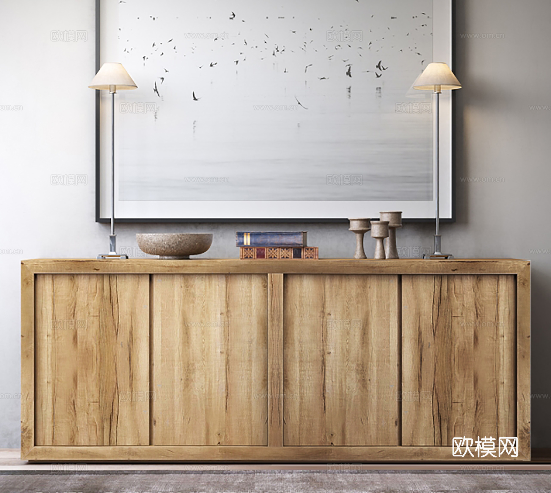 中古风餐边柜装饰柜 摆件组合  台灯 挂画su模型